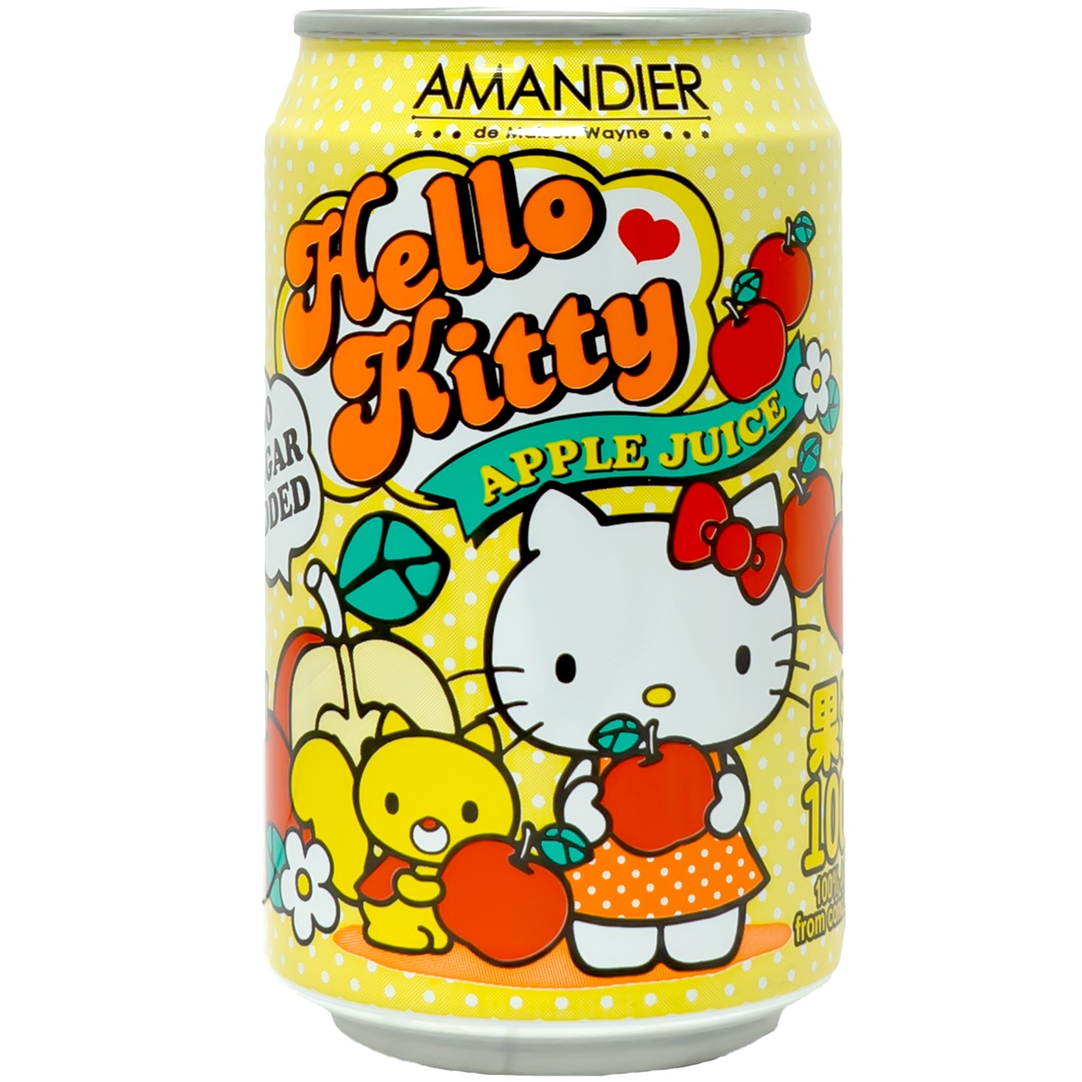 Front view of an apple juice can with Hello Kitty 