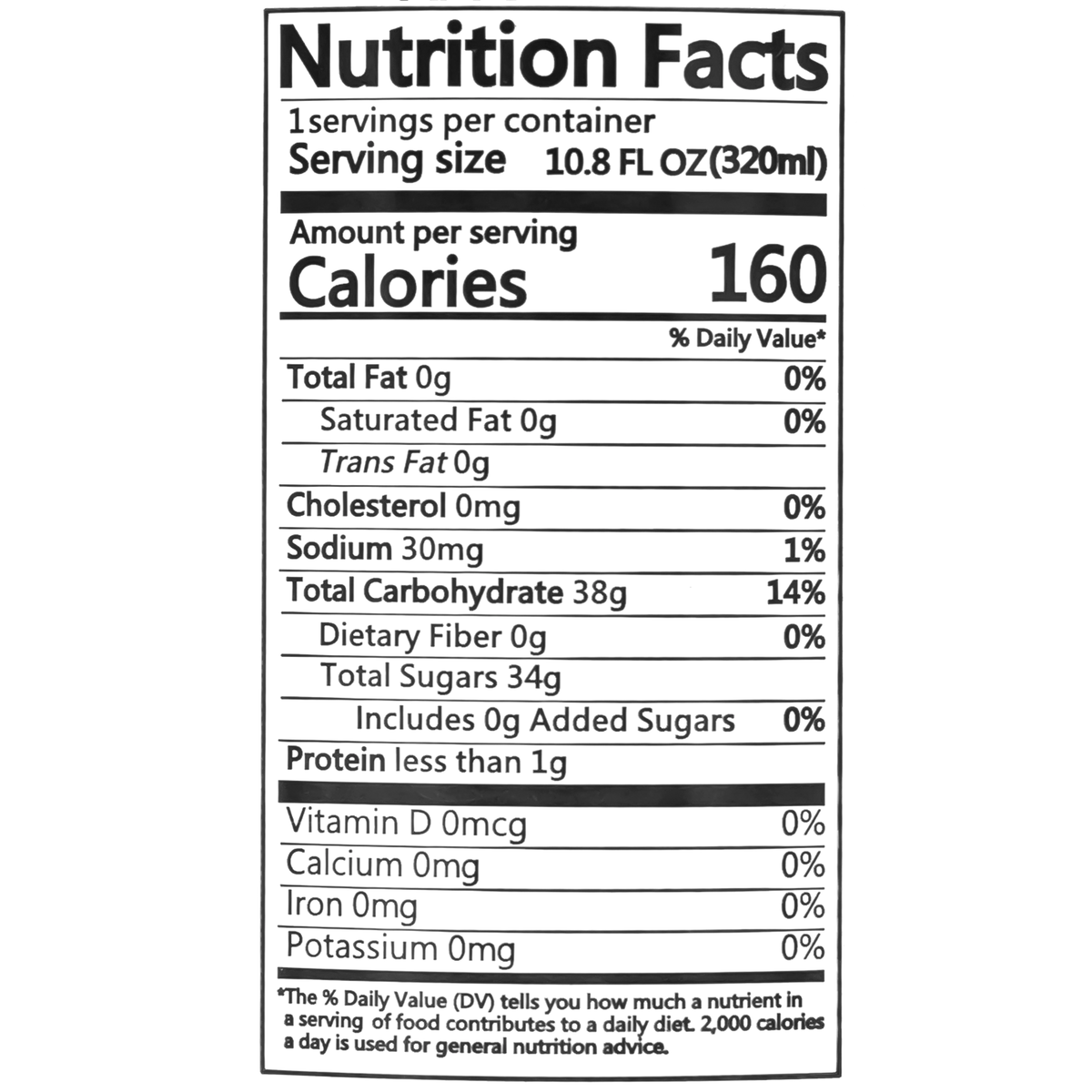 Nutrition label of the food product, listing detailed nutritional information per serving size of 1 can. It includes 160 calories, 0g total fat, 0g saturated fat, 0g trans fat, 0mg cholesterol, 30mg sodium, 38g total carbohydrate, 0g dietary fiber, 34g total sugars includes 0g added sugars, 0g protein