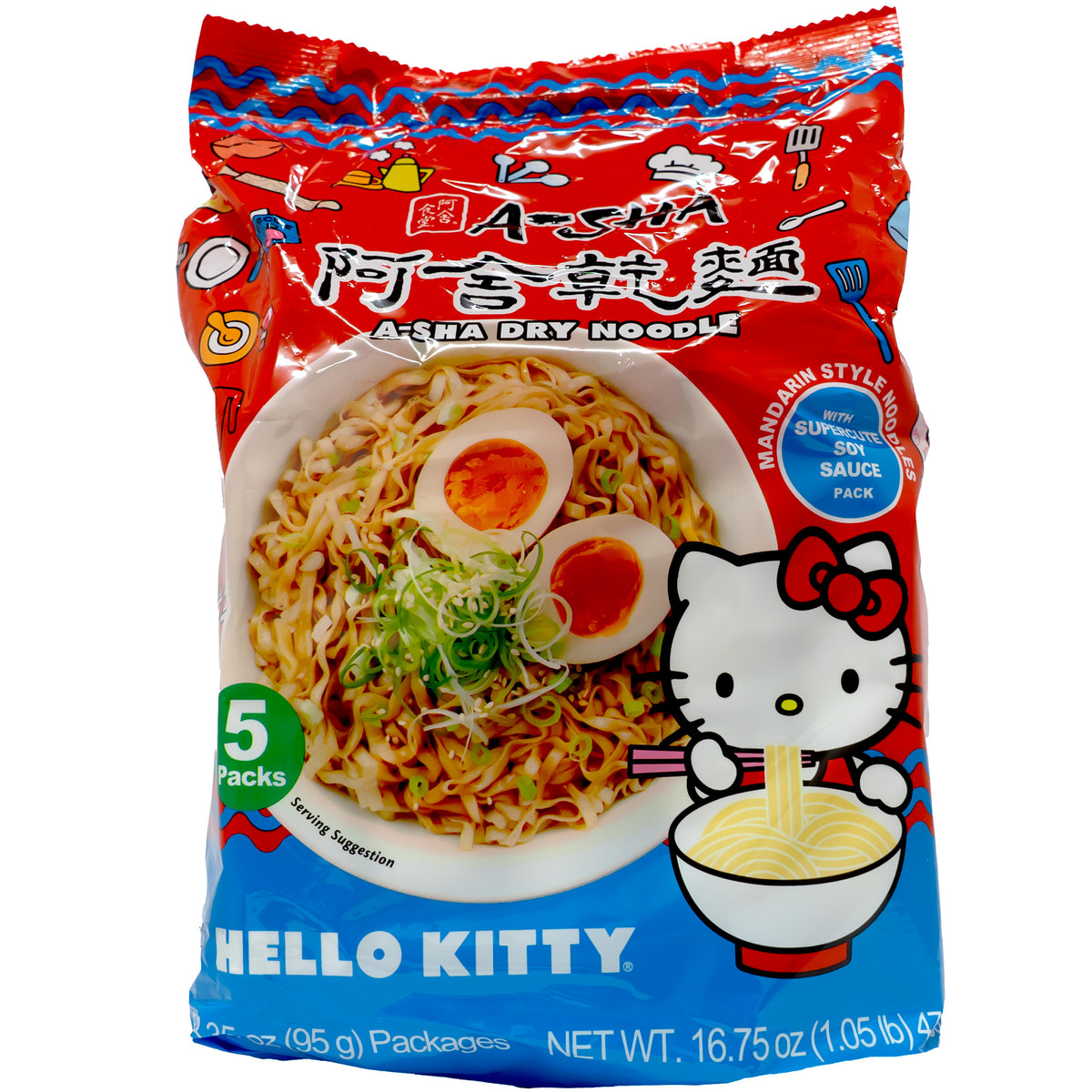 Pack of Hello Kitty branded dry noodles with sauce pack, featuring the character and noodle image.