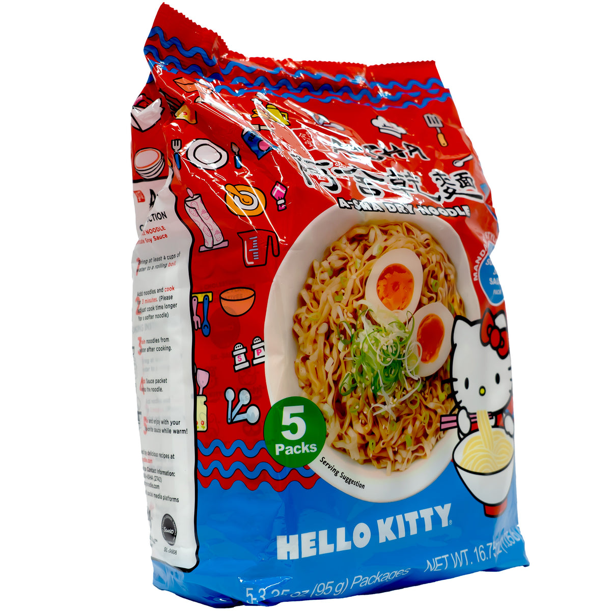 side angle of Asha Hello Kitty Dry Noodle with Soy Sauce 95g - 5 packs