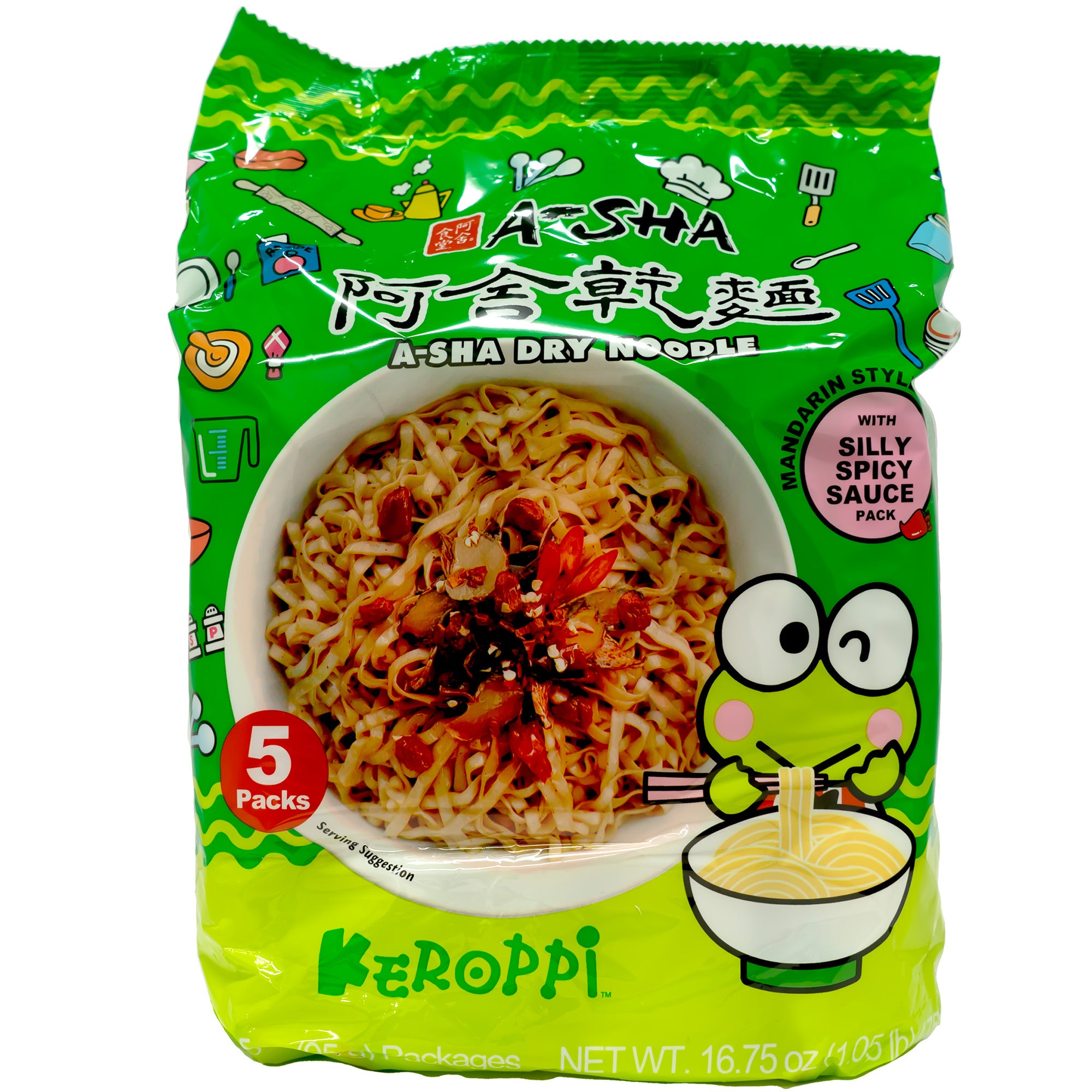 front view of Asha Keroppi Dry Noodle with Silly Spicy Sauce 95g - 5 pack