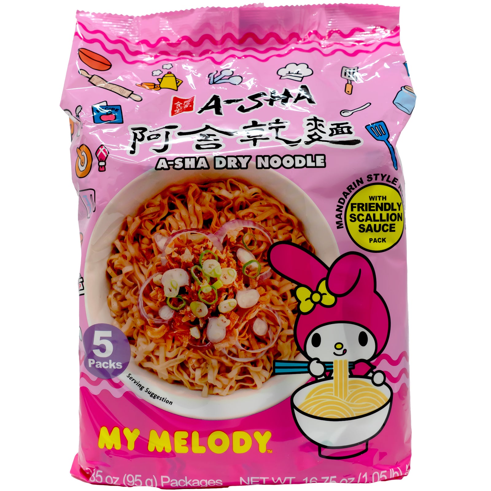 front view of Asha My Melody Dry Noodle with Scallion Sauce 95g - 5 pack