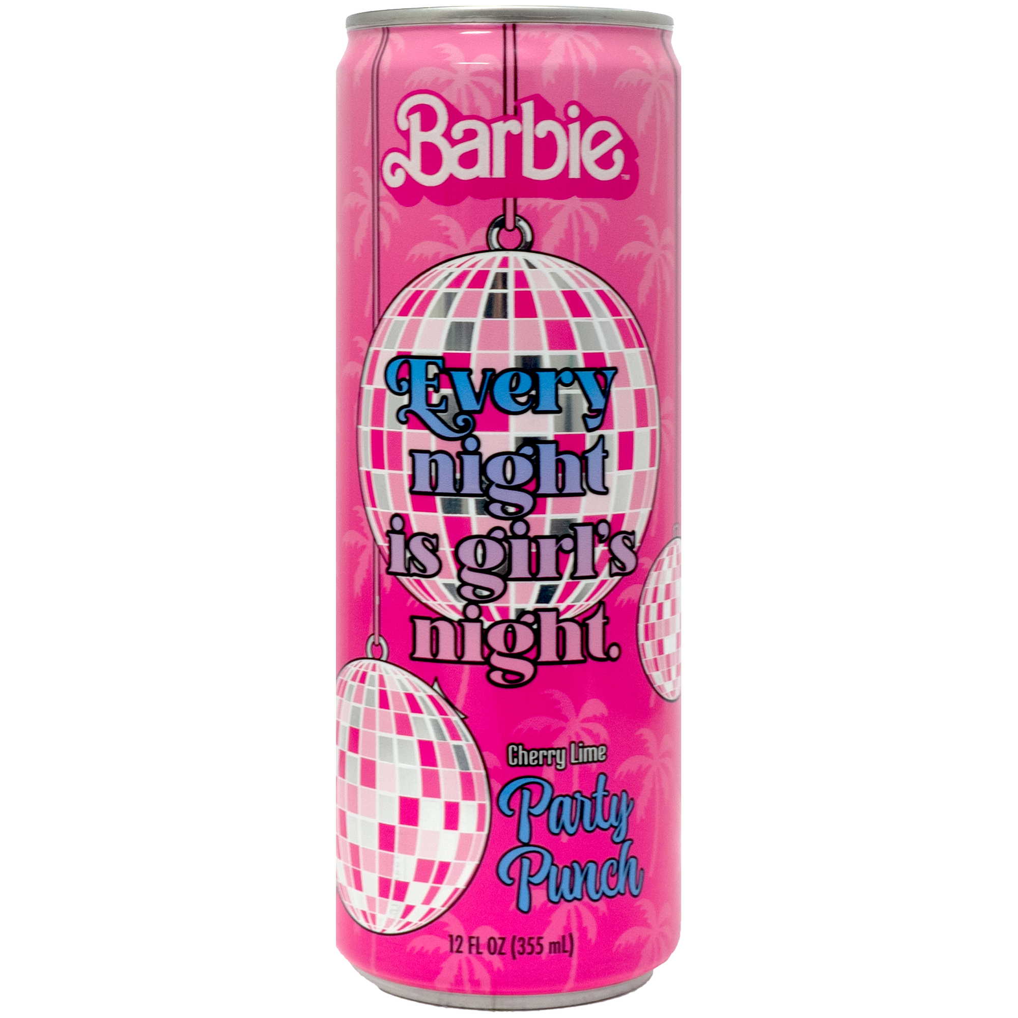 Front view of can. The can is vibrant pink adorned with playful disco balls, making it an eye-catching addition to any party. The text "Every night is girl's night" and "Cherry Lime Party Punch" adds a fun and festive vibe, inviting everyone to join in the celebration.