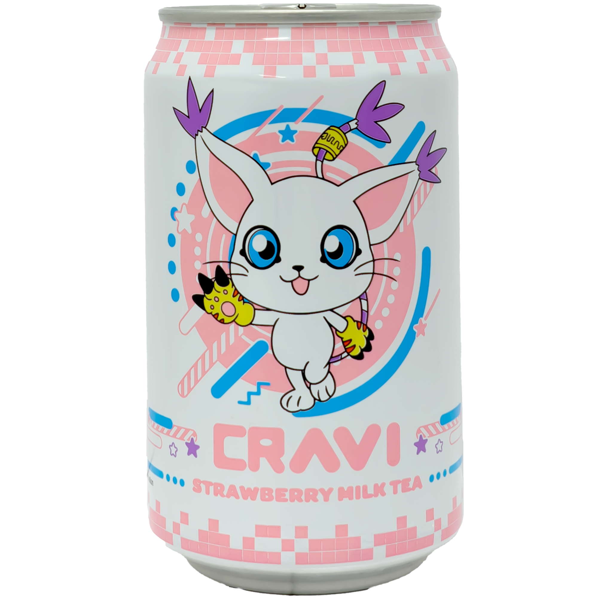 Front view of can. The packaging features a vibrant and playful design, showcasing a cute, animated Digimon character in an energetic pose. The background is adorned with colorful, digital-themed patterns, enhancing the fun and youthful appeal of the product. This eye-catching can is sure to stand out on the shelf and capture the attention of fans and new customers alike.