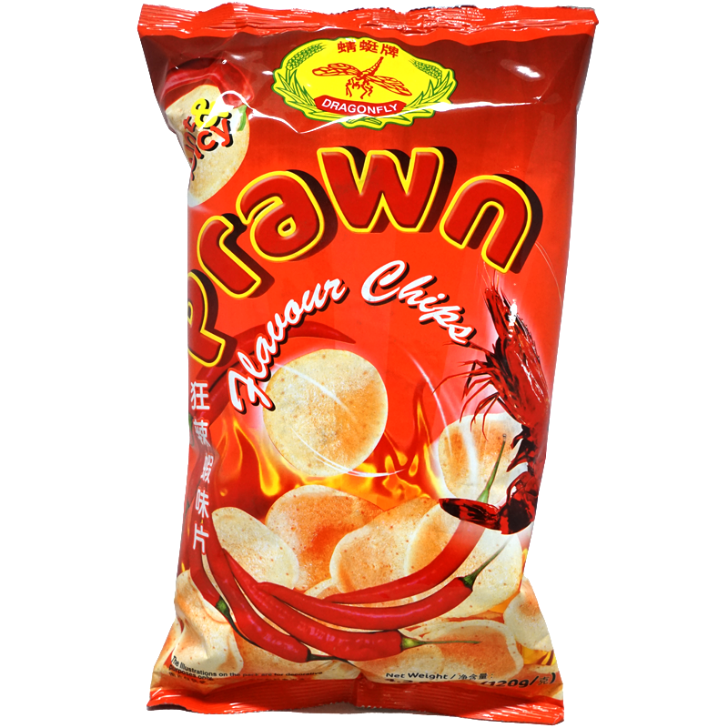 Front view of package. The packaging features a vibrant red background with bold, white and yellow lettering, accentuated by images of crispy chips and fiery red chili peppers. A playful prawn character and flames emphasize the hot and spicy flavor, making the product visually appealing and instantly recognizable.