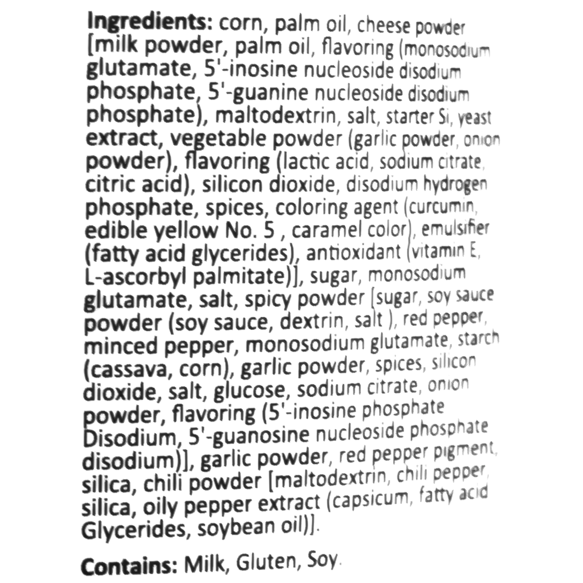 Doritos cheese flavor ingredients list including corn, milk powder, palm oil, various flavorings, and spices. Contains allergen info: Milk, Gluten, Soy.