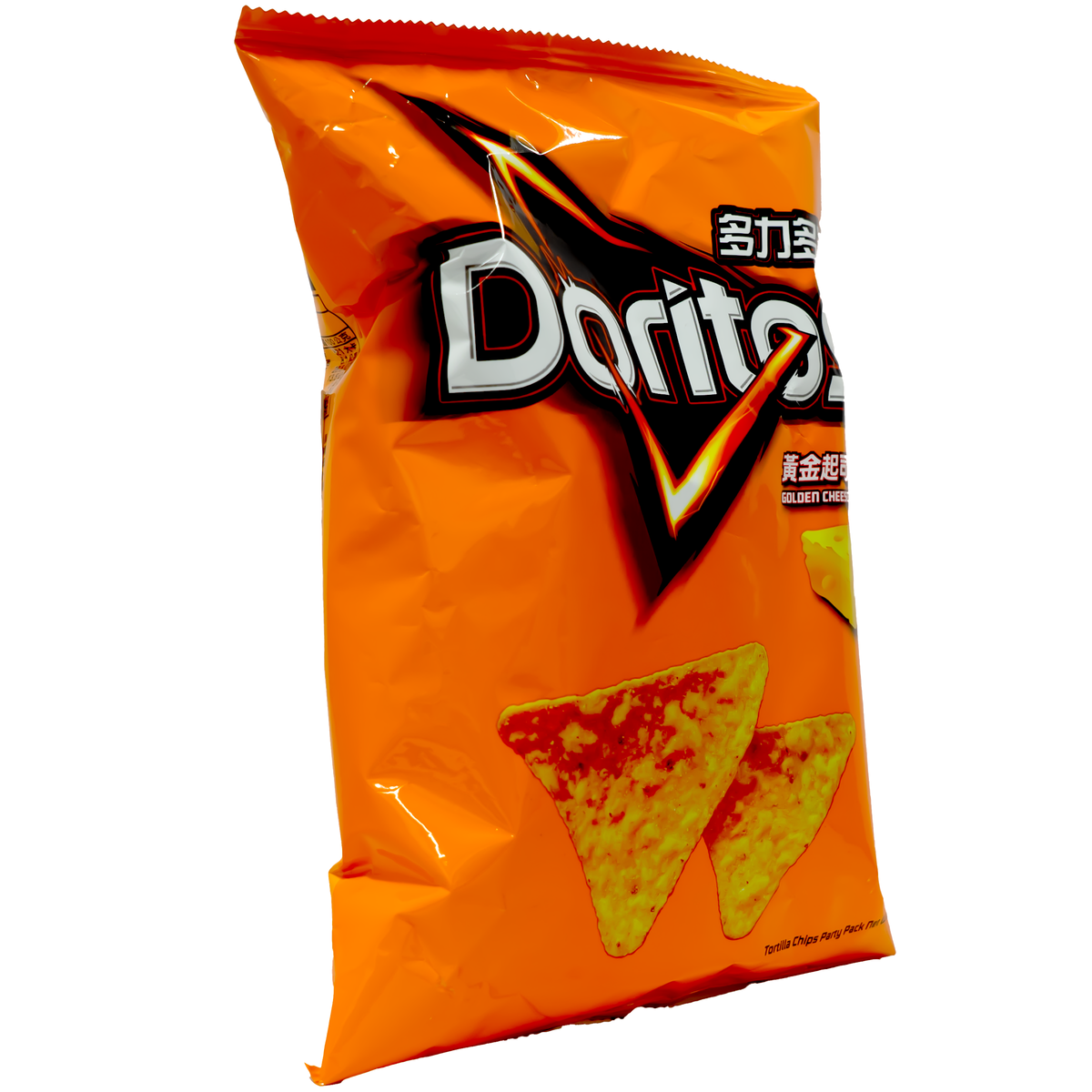 Side view of A bag of Doritos chips in the Golden Cheese flavor, with Chinese characters.