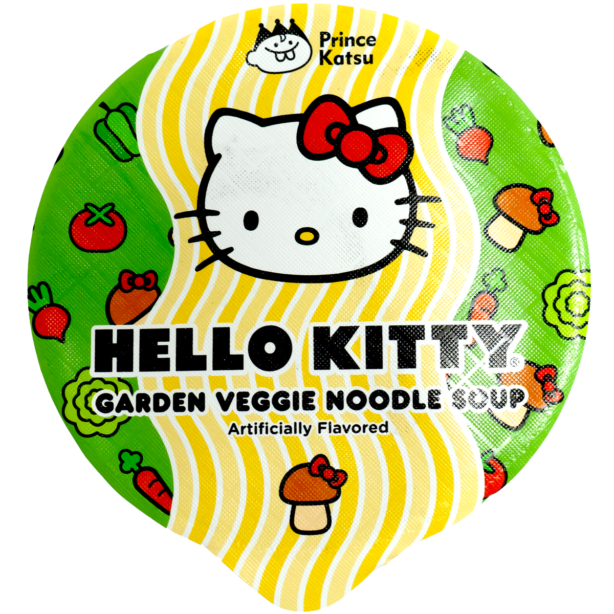 Top view of product. The package features the beloved Hello Kitty character prominently in the center, with her signature red bow, set against a vibrant yellow and green background filled with adorable illustrations of vegetables like tomatoes, carrots, and mushrooms. The cheerful design is sure to catch the eye and add a playful touch to your kitchen.