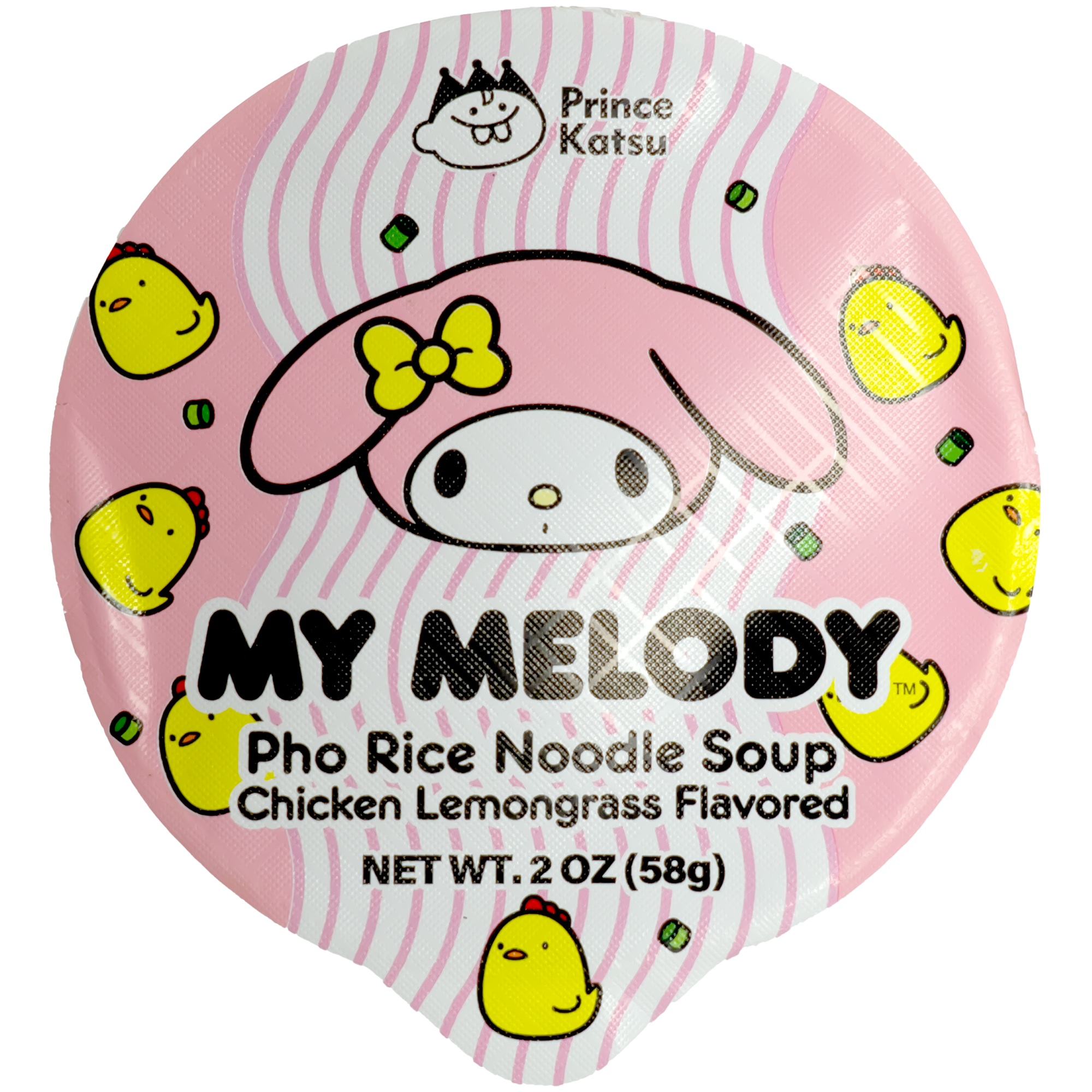 Top view of product. The package features a charming design with a cute character wearing a pink bonnet and a yellow bow, surrounded by adorable little yellow chicks and green scallions against a pink background. The playful and eye-catching packaging adds a touch of fun to your pantry or lunch bag.