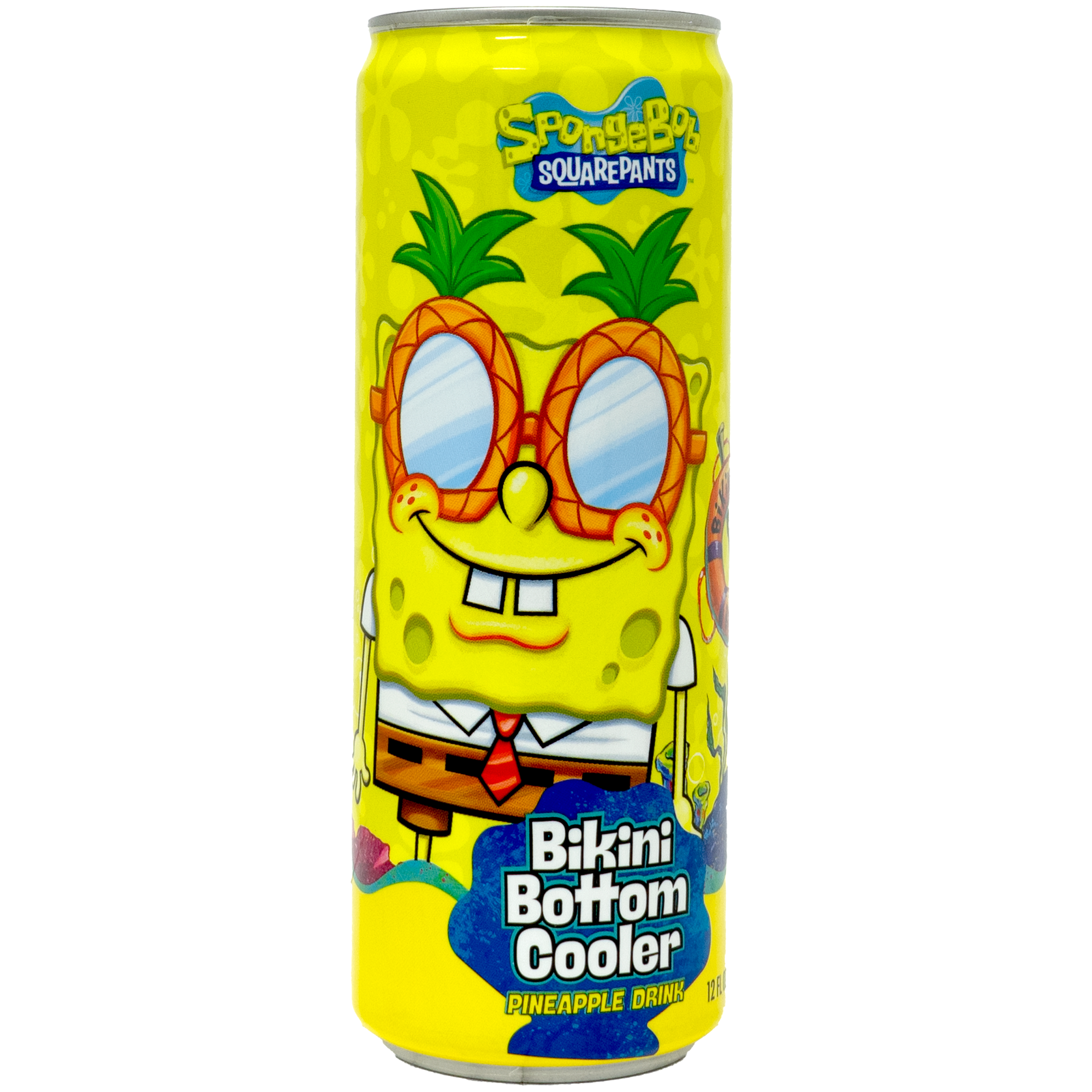 The can features a vibrant and playful design with a character adorned in pineapple sunglasses, capturing the fun and whimsical spirit of the drink. The bright yellow background and colorful graphics make it eye-catching and appealing, perfect for fans of all ages.