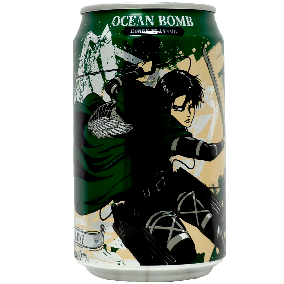 The can features a dynamic and bold design with a striking character in action, adding an adventurous and captivating visual appeal. The background is a mix of green and beige tones, with the character&#39;s intense expression and intricate details making it a collector&#39;s item for fans and enthusiasts alike.