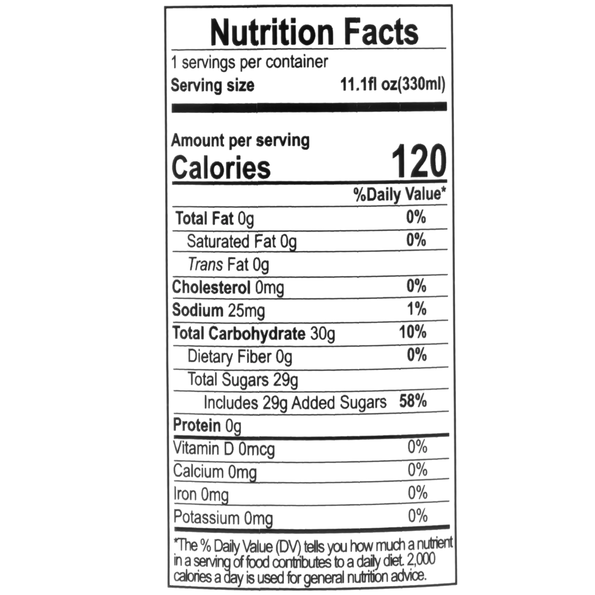 This 330ml can contains 120 calories per serving. It has 0g of total fat, 0mg of cholesterol, and 25mg of sodium. The total carbohydrate content is 30g, including 29g of sugars. There is no protein in this serving.