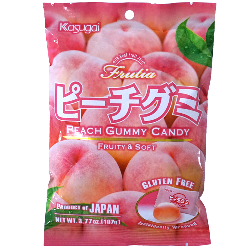 Front view of package. The packaging features a vibrant design with images of ripe peaches, highlighting the fruity and refreshing flavor of the gummies inside. The clear window showcases the individually wrapped gummies, emphasizing their convenience and appeal.