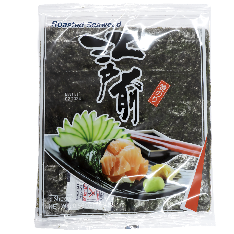 The packaging features a clear view of the roasted seaweed sheets, with vibrant images of sushi rolls filled with fresh ingredients. The sleek design, coupled with traditional Japanese calligraphy, evokes an authentic, high-quality feel.