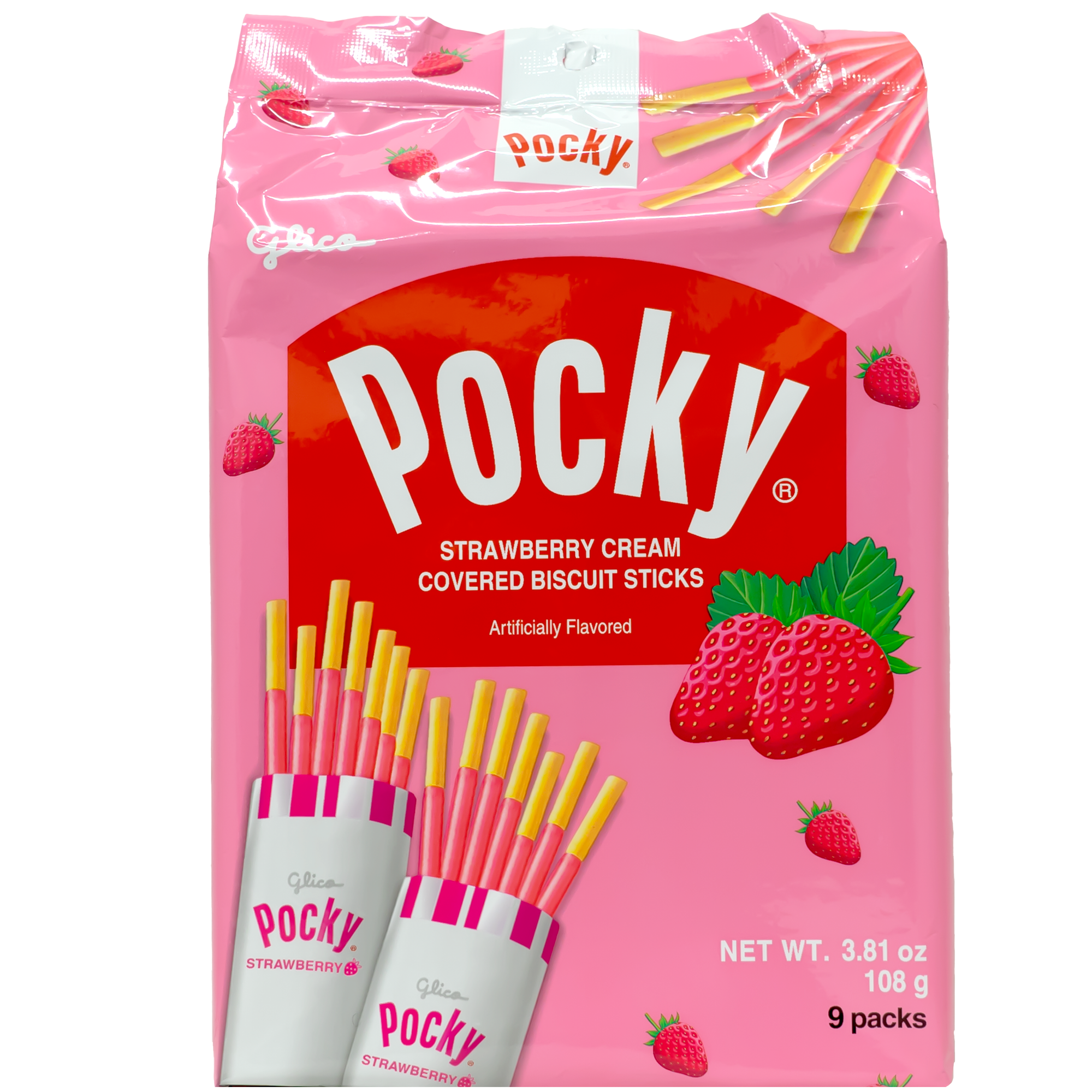 Front view of package. The packaging showcases an inviting display of the strawberry cream-covered biscuit sticks, featuring a vibrant and appealing design. The background enhances the product's appeal with a modern and cheerful aesthetic, making it perfect for sharing with family or indulging in as a special treat.