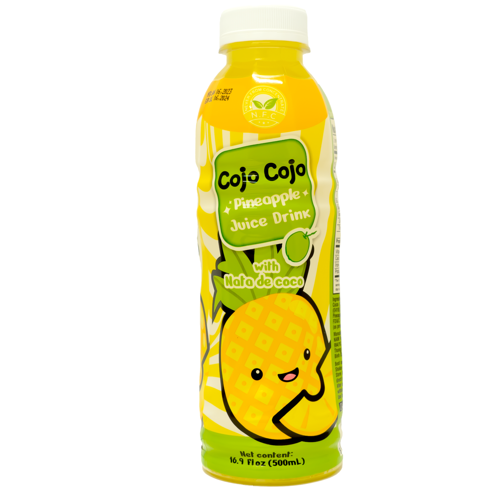 The packaging features a cheerful cartoon pineapple with a smiling face, adding a playful touch to the bottle. The background has a bright yellow color with a striped pattern, creating a visually appealing design that catches the eye.