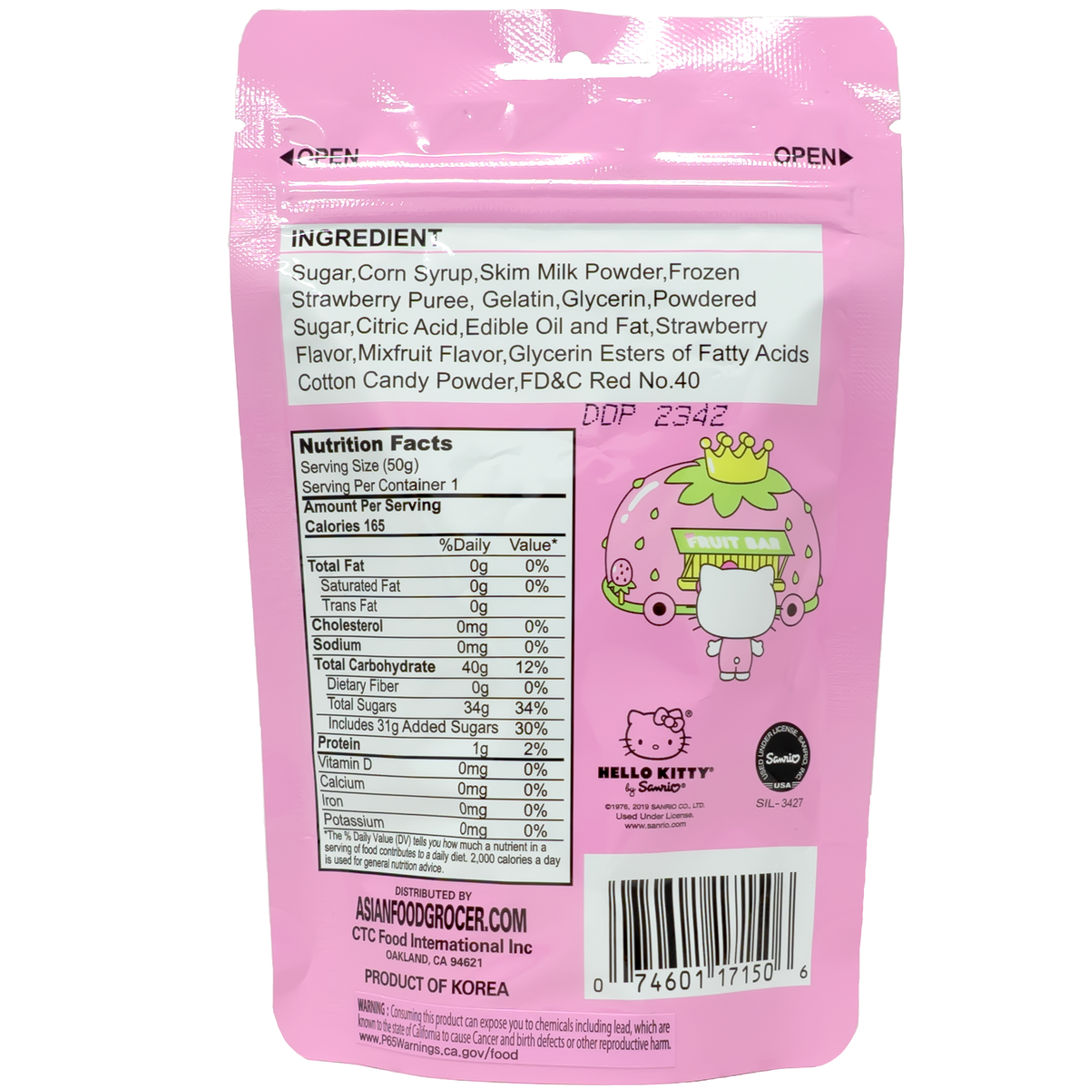 View of the back which include ingredients and nutrition label