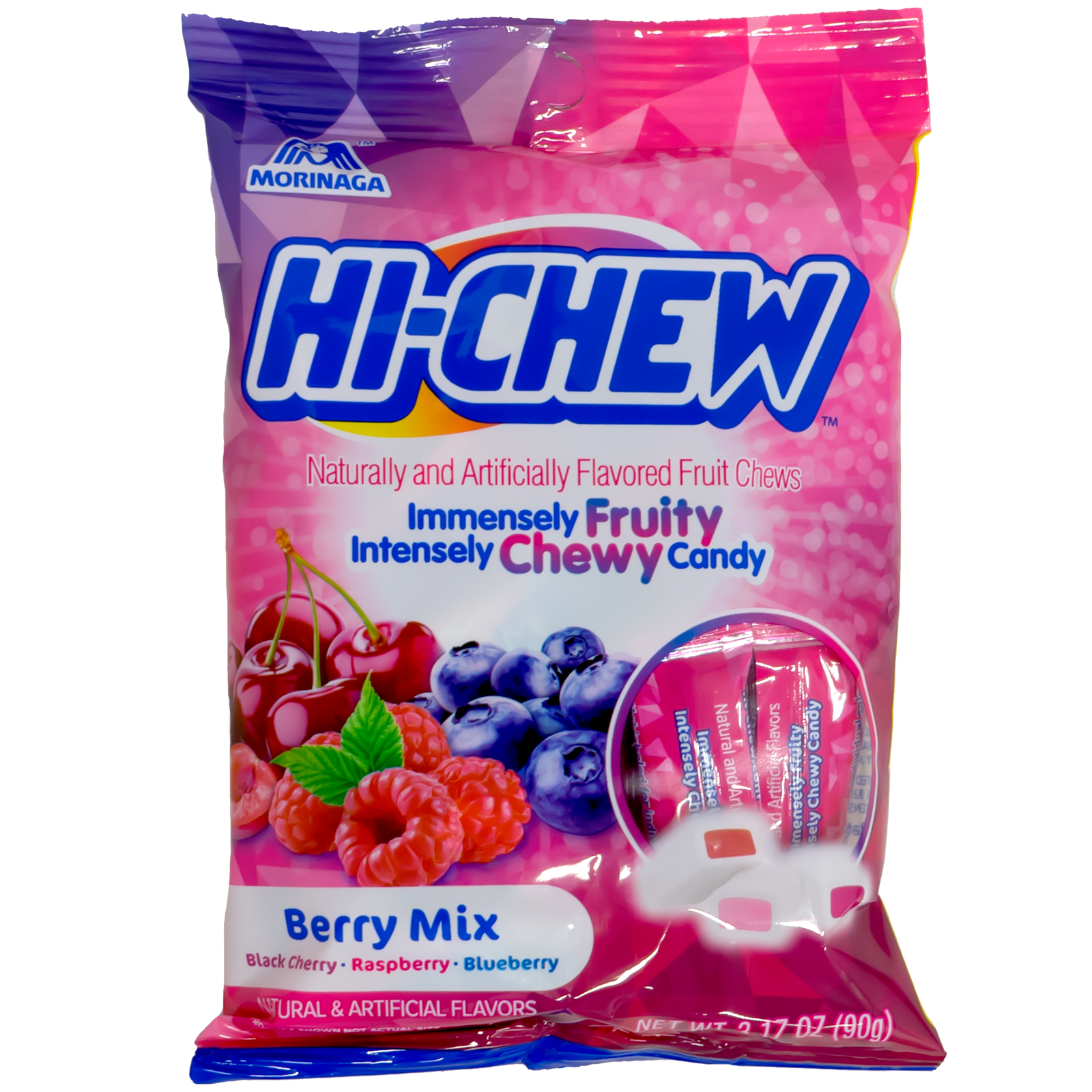 Front view of product. The package showcases vibrant images of fresh berries against a playful pink and purple background, making it as appealing visually as it is tasty. Whether you’re snacking on the go or sharing with friends, this berry mix promises a burst of fruity flavor in every bite.