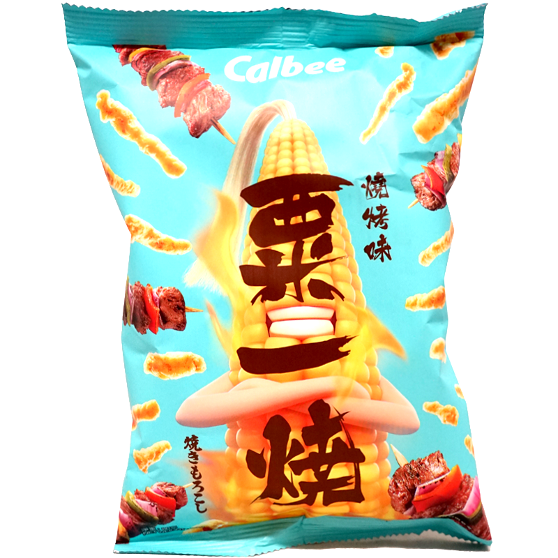 Front of package. The packaging features a vibrant image of grilled corn against a bright blue background, with enticing visuals of BBQ skewers and corn cobs. The dynamic design and bold colors make the snack stand out, inviting you to experience the delicious BBQ flavor inside.