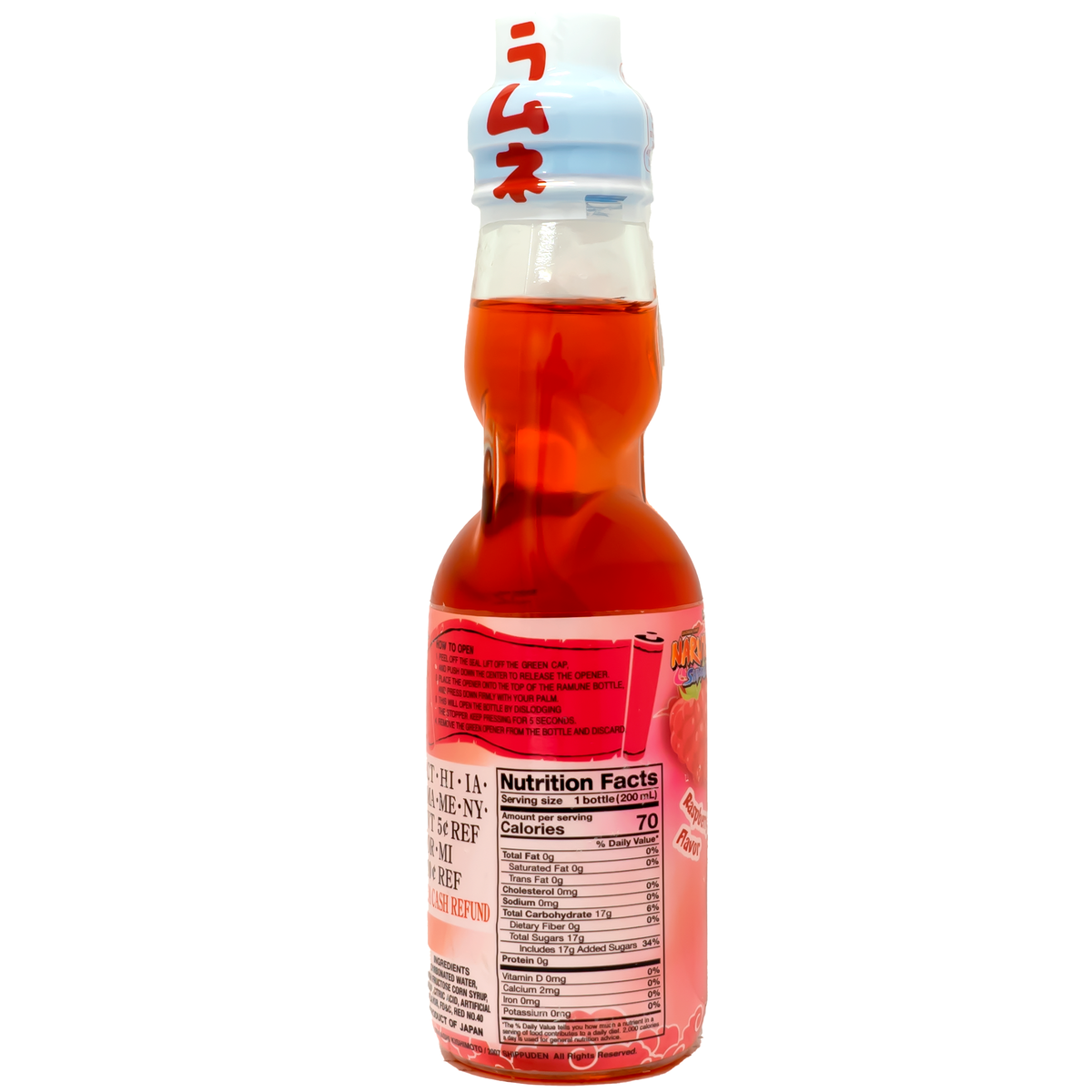 A glass bottle of Japanese Ramune soda with label and nutrition facts visible.