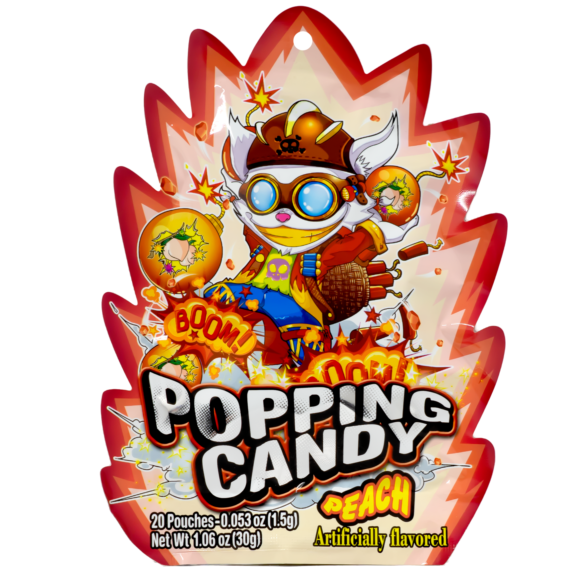 The packaging shows a fun cartoon character wearing blue goggles and a brown helmet, holding peach-flavored popping candy. Bright "BOOM!" graphics and sparkling effects surround the character. The background is orange and red with jagged edges, adding excitement. The words "Popping Candy Peach" are boldly displayed at the bottom.