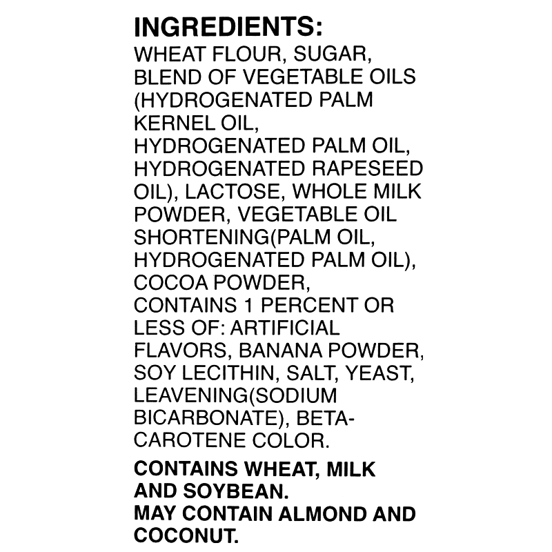 Ingredients contain wheat, milk and soybean. May contain almond and coconut