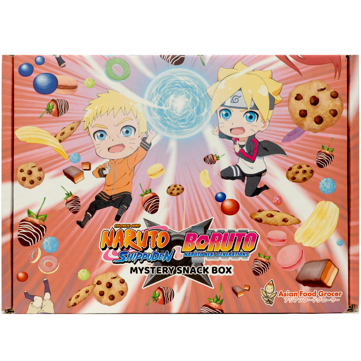 Front of package. The package showcases vibrant and dynamic artwork of two beloved characters in action poses, surrounded by an explosion of colorful snacks. The energetic design captures the fun and adventurous spirit of the anime, with playful illustrations and a backdrop that mimics the exciting world they inhabit. This eye-catching packaging is sure to stand out and attract any fan&#39;s attention.