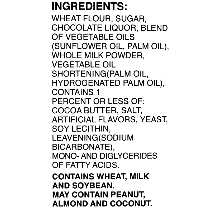 Ingredients contain wheat, milk, and soybeans. May contain peanuts, almonds and coconut