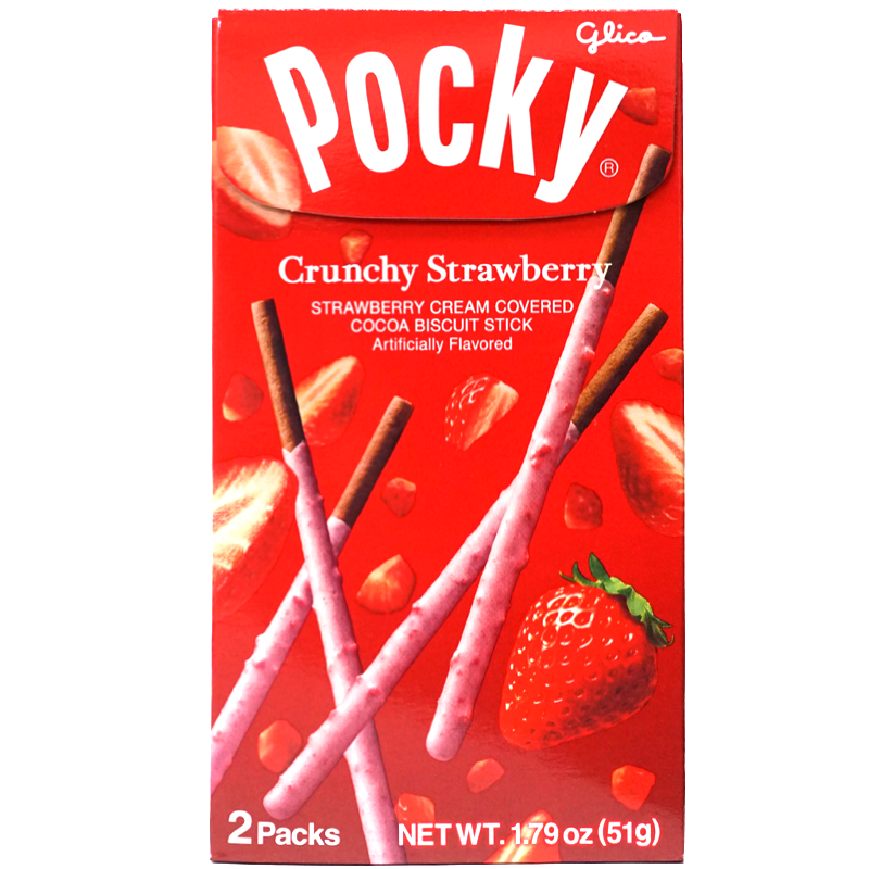 Front of product.The packaging features a vibrant red background adorned with appetizing images of strawberry cream-covered biscuit sticks and fresh strawberries, highlighting the product's delicious flavor. The design is playful and enticing, sure to catch the eye and tempt you to enjoy this delectable snack.