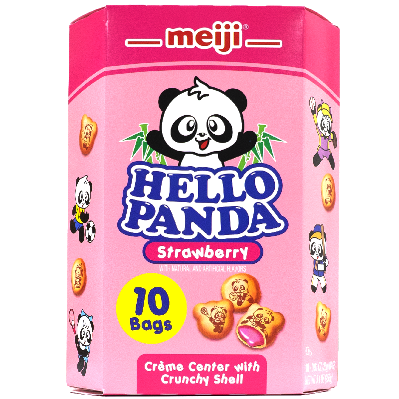 Front view of package. The package features a bright pink background with playful illustrations of panda characters engaging in various activities. The front prominently displays images of the cookies, showcasing the creamy strawberry filling inside a crunchy shell. The overall design is fun and inviting, making it an appealing choice for snack lovers of all ages.