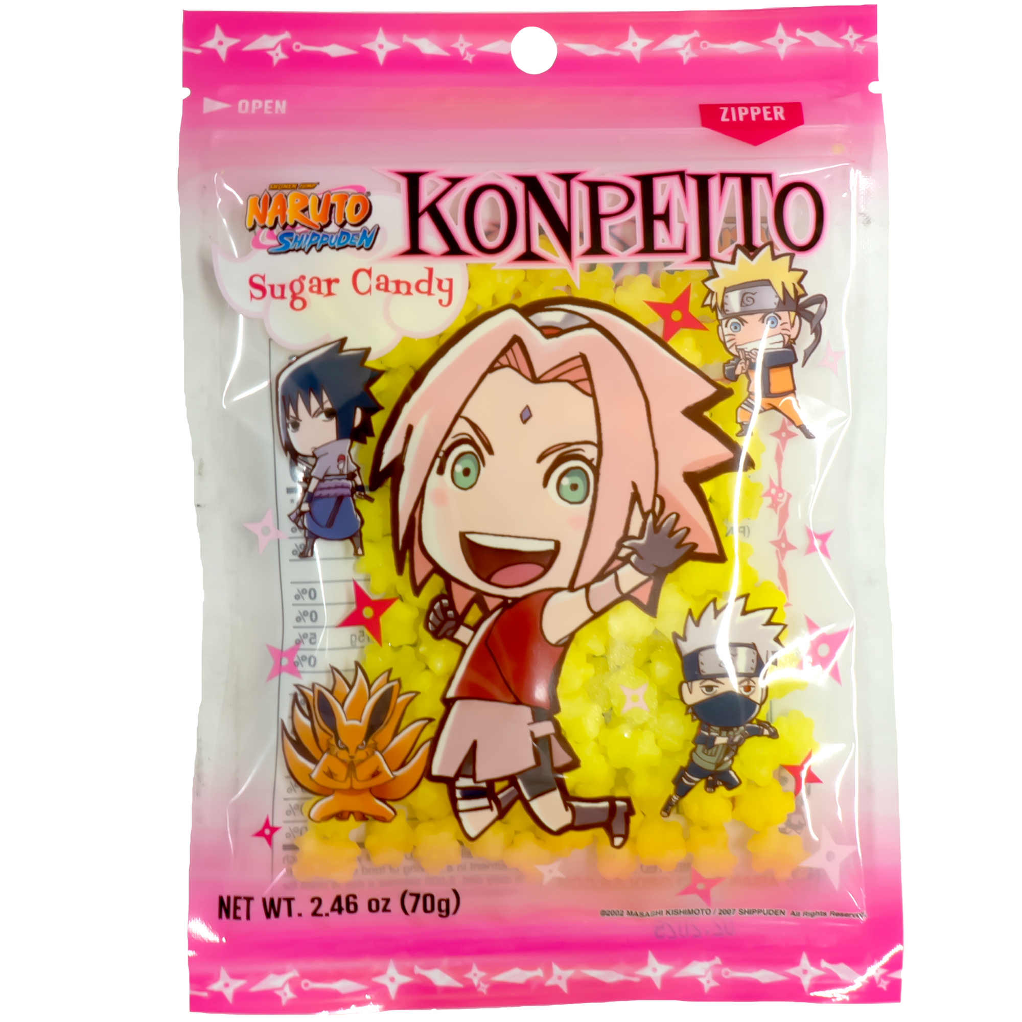 Front of package. The package features a dynamic image of a cheerful anime character in the center, surrounded by vibrant, star-shaped candies. Additional beloved characters from the series are depicted around the main character, adding to the appeal for fans. The colorful background and playful design make this candy a visually enticing treat for both collectors and candy lovers alike.