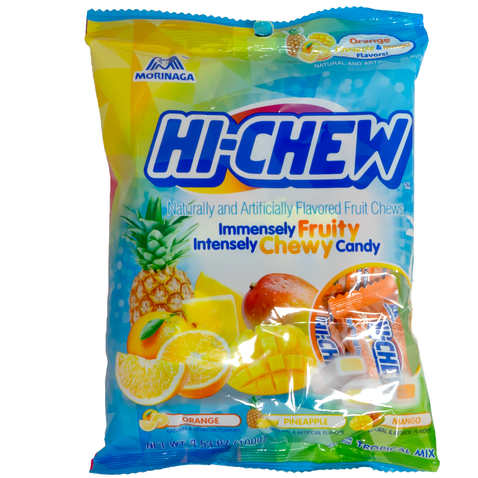 Front view of package. The package showcases vibrant images of juicy fruits like pineapple, mango, and orange slices, set against a bright, colorful background, making it as eye-catching as it is mouth-watering. Perfect for sharing with friends or enjoying on your own, this treat promises an immensely fruity and satisfying chew every time.