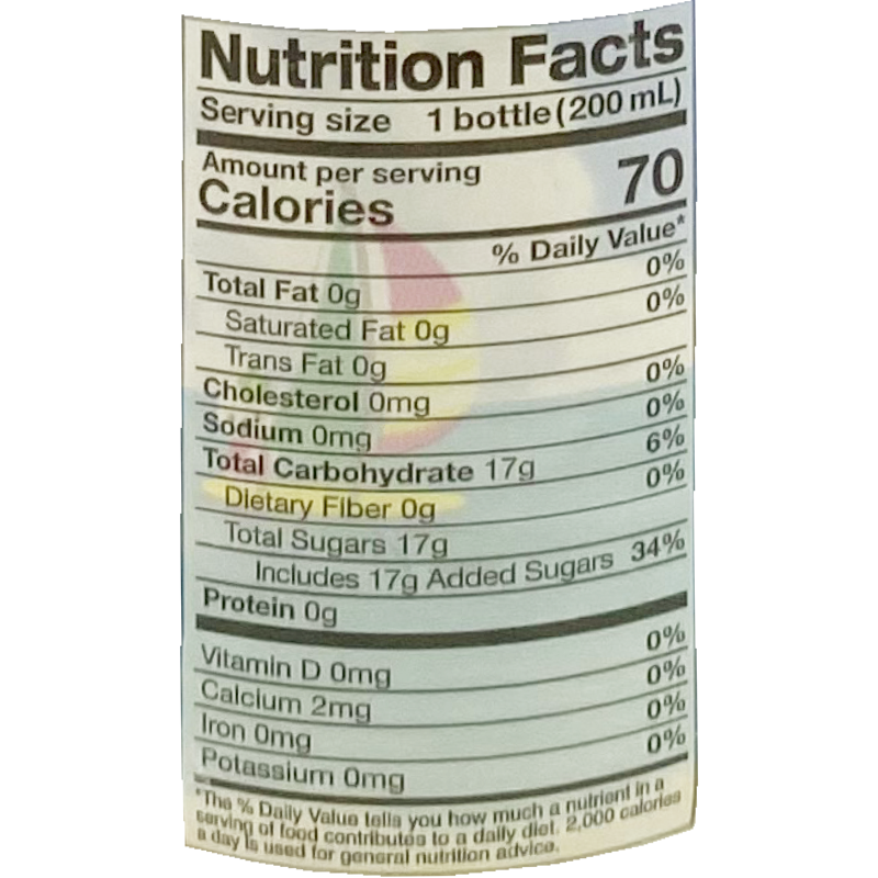 Detailed nutritional information: 70 calories, 0g total fat, 0g saturated fat, 0g trans fat, 0mg cholesterol, 0mg sodium, 17g total carbohydrates, 0g dietary fiber, 17g total sugars including 17g added sugars, and 0g protein per serving (1 bottle, 200ml).