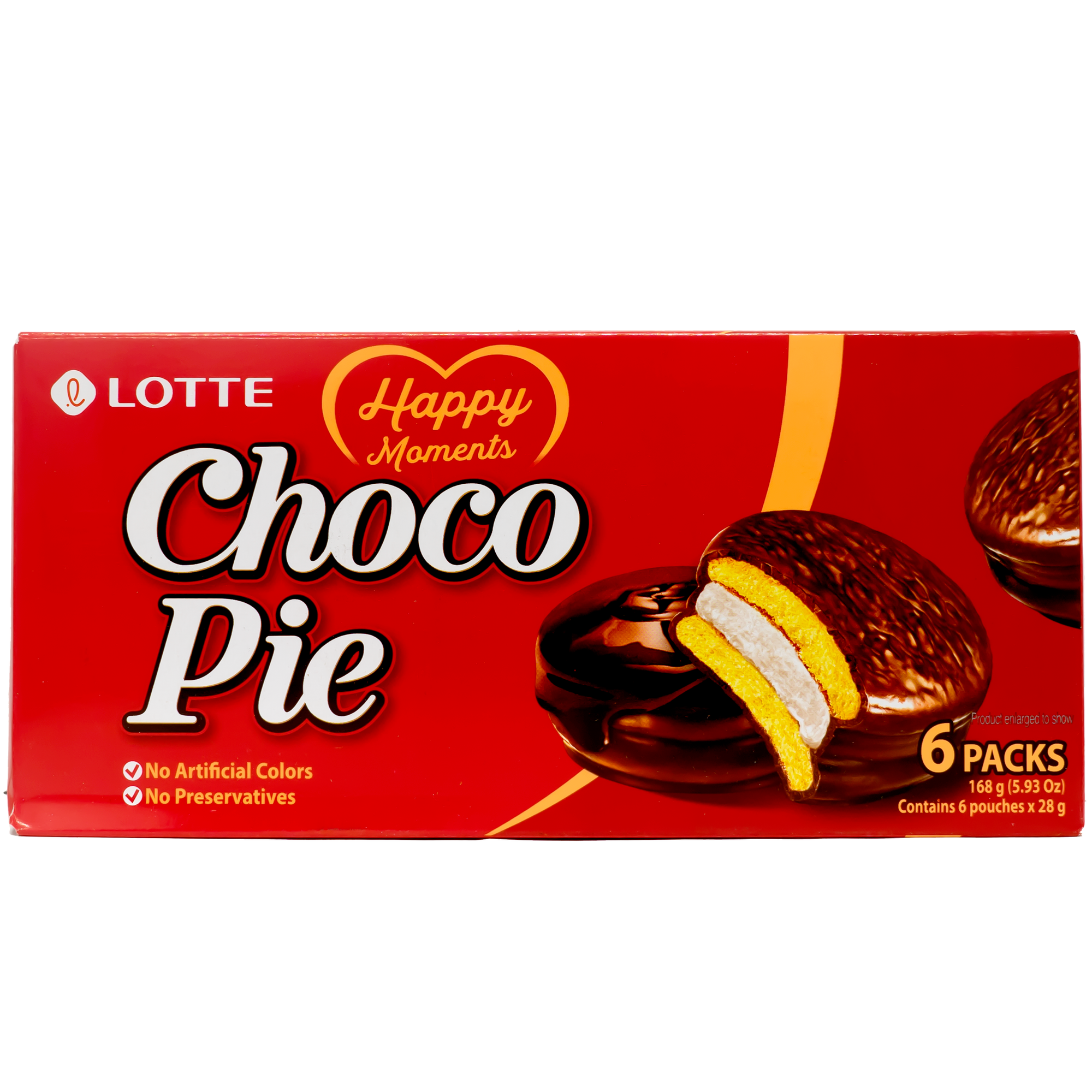 Front view of package. The package features a bold red background with enticing images of the Choco Pies, showcasing the layers of chocolate, cake, and marshmallow filling. The design highlights the product's appealing texture and flavor, with a touch of elegance from the heart-shaped "Happy Moments" logo. This eye-catching design promises a delicious and enjoyable snacking experience.