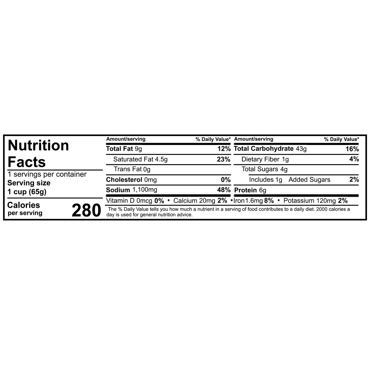 Detailed nutritional information: 280 calories, 9g total fat, 4.5g saturated fat, 0g trans fat, 0mg cholesterol, 1100mg sodium, 43g total carbohydrates, 1g dietary fiber, 4g total sugars including 1g added sugars, and 6g protein per serving (1 cup, 65g).