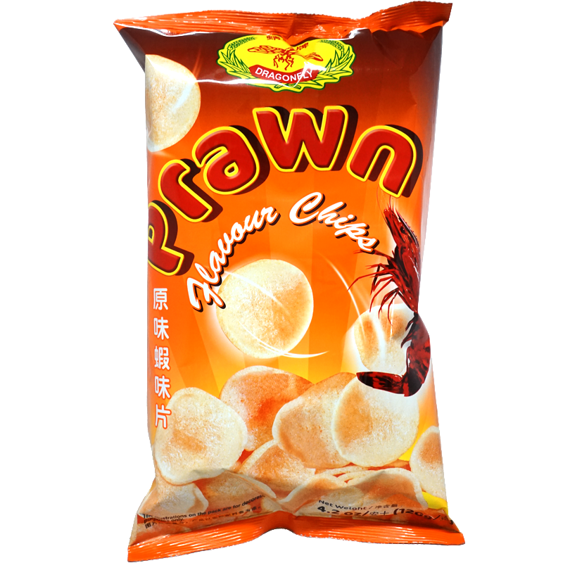 Front view of package. The package features a vibrant orange background, accented with images of golden prawn chips that look irresistibly crunchy. A large, bold image of a prawn highlights the flavor, while the text is designed in a dynamic, playful font to catch your eye and convey the deliciousness inside.