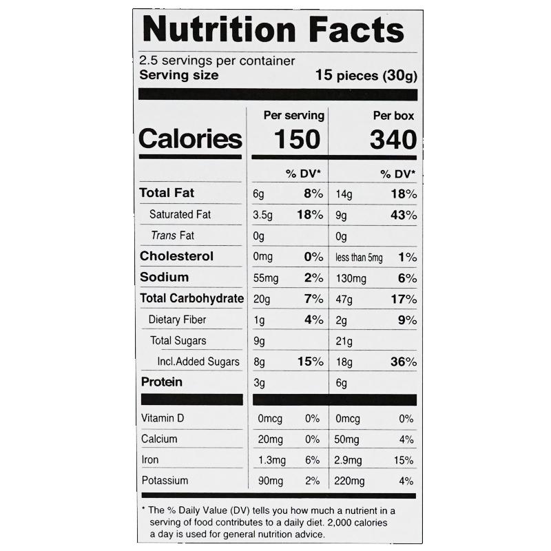 Nutrition label of the food product, listing detailed nutritional information per serving size of 15 pieces. It includes 150 calories, 6g total fat, 3.5g saturated fat, 0g trans fat, 0mg cholesterol, 55mg sodium, 20g total carbohydrate, 1g dietary fiber, 9g total sugars includes 8g added sugars, 3g protein