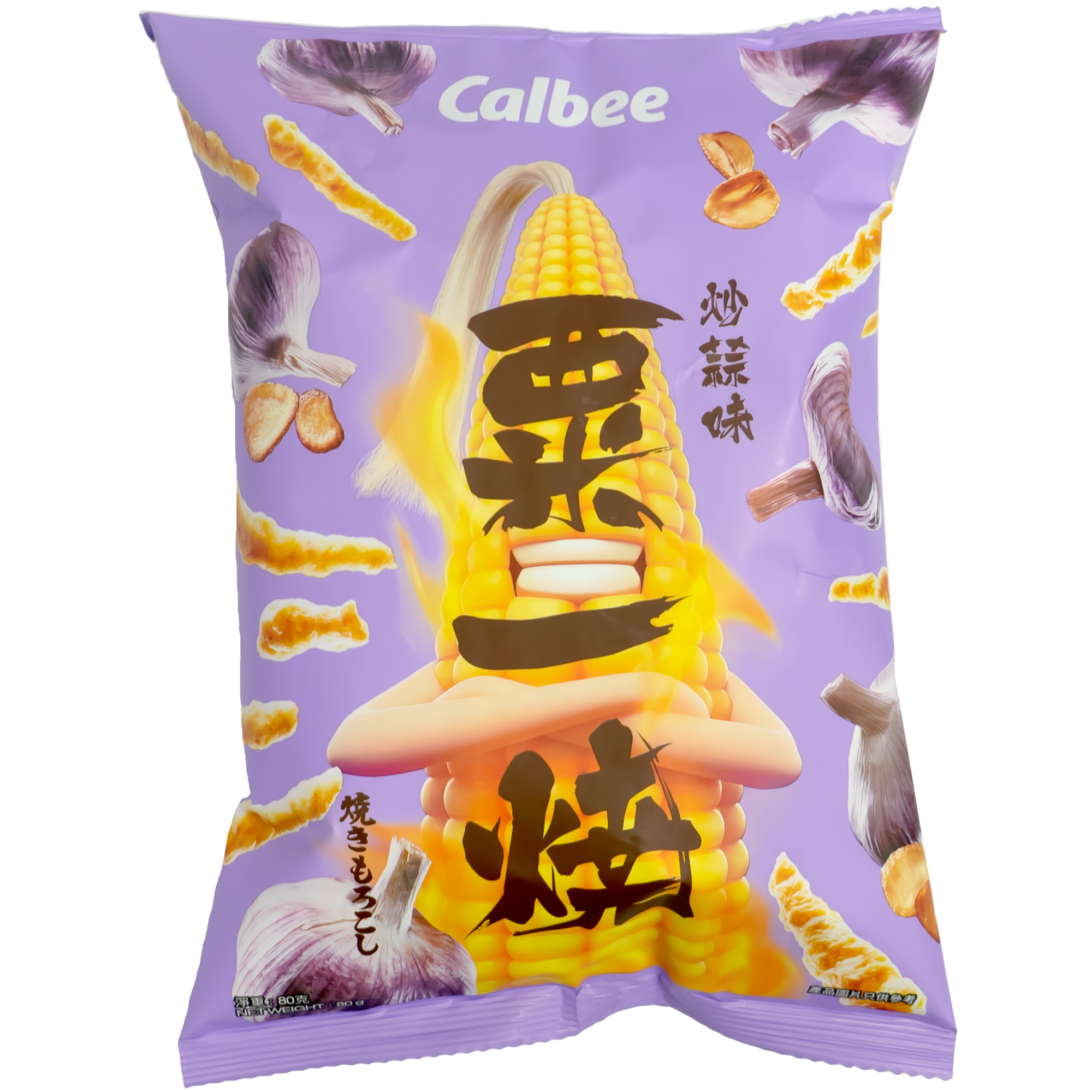 Front view of package. The package features a striking design with a prominent image of a corn cob surrounded by images of garlic and other seasonings, emphasizing the rich, savory taste of the product. The vibrant purple background makes it stand out on the shelf, while the enticing images of crispy corn sticks and garlic cloves highlight the snack's irresistible flavor profile.