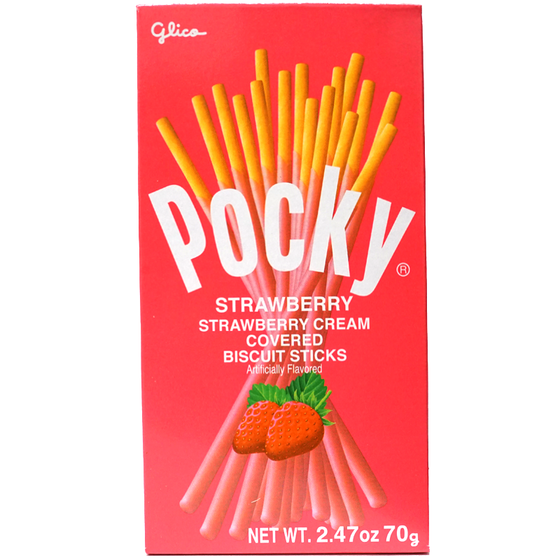 Front view of package. The packaging showcases an appealing display of the strawberry-coated biscuit sticks, highlighting their slender and elegant design. The background enhances the product's appeal with a modern and inviting aesthetic, making it perfect for enjoying as a treat or sharing with others.