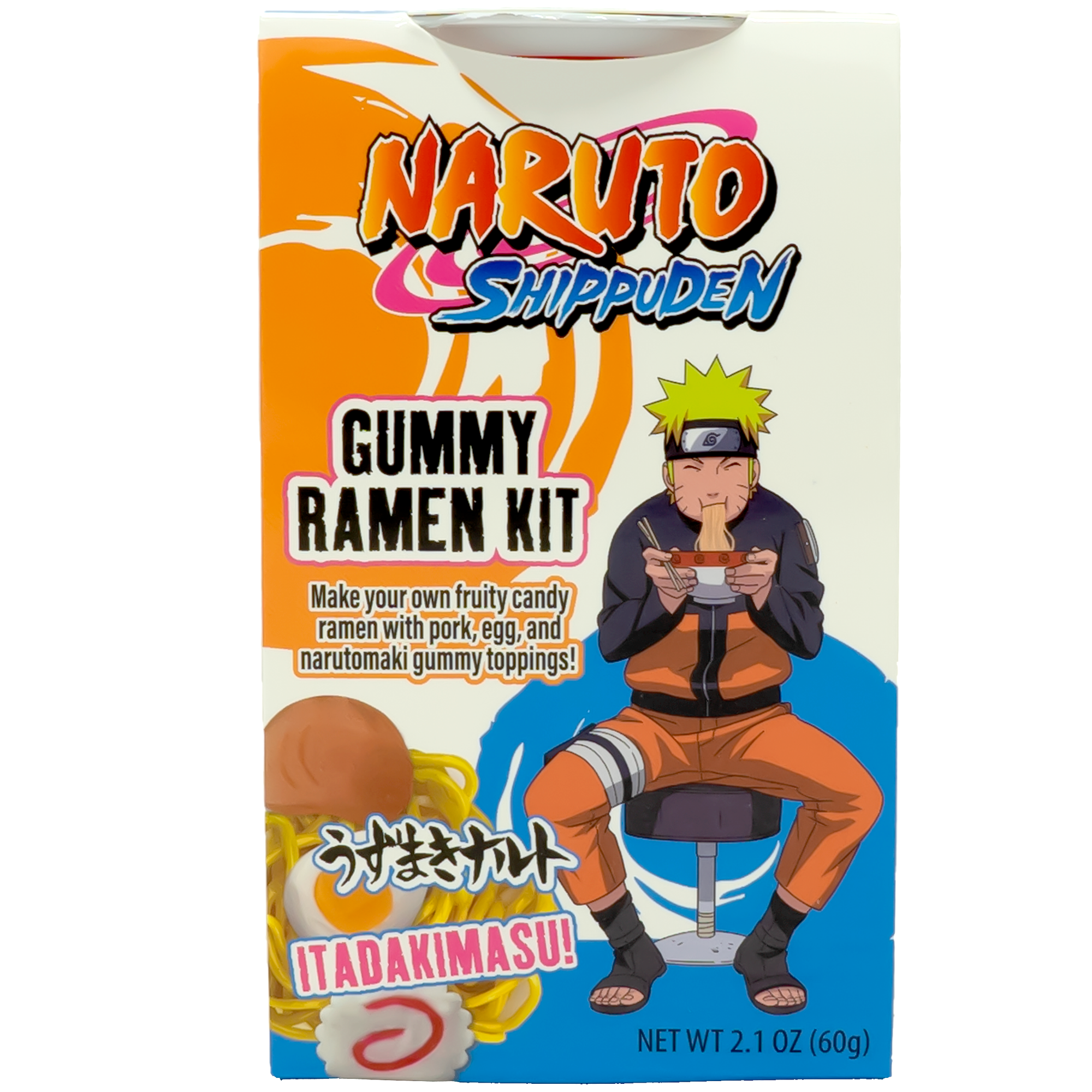 Front of package. The packaging showcases vibrant and dynamic artwork that features characters and elements from the popular series. The front of the package highlights the colorful gummy pieces and the DIY aspect, enticing potential buyers with a glimpse of the fun experience inside. Bright and eye-catching, it captures the essence of a playful and engaging snack.