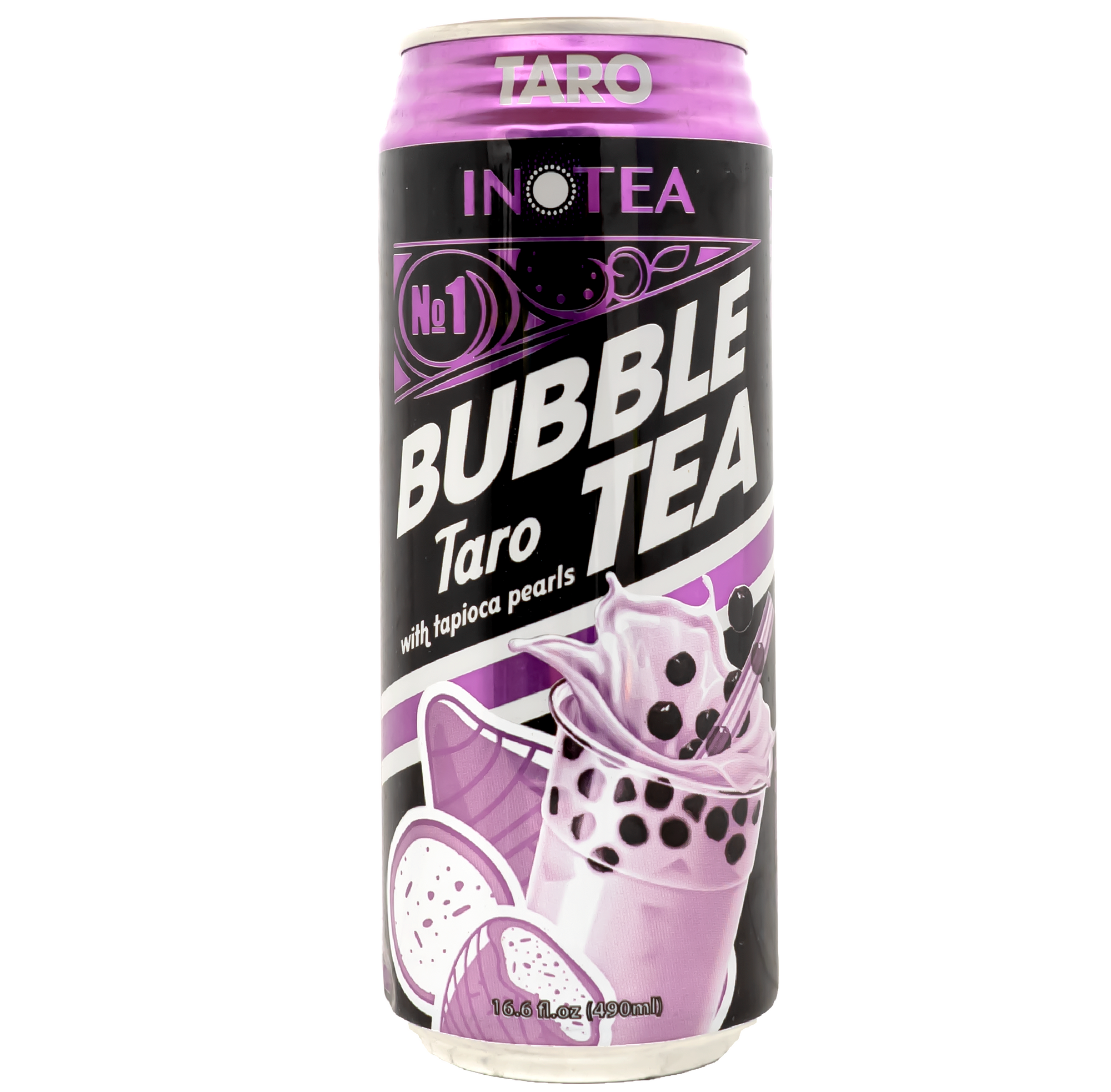 Front view of can. The can features a vibrant purple color scheme that highlights the taro flavor. It showcases a dynamic design with images of taro root and a glass filled with creamy taro bubble tea, complete with tapioca pearls. The sleek, modern packaging is both eye-catching and convenient for on-the-go enjoyment.