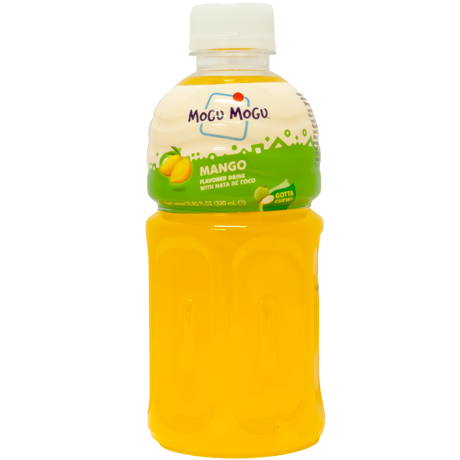 Front view of bottle. The bottle showcases a vibrant orange hue, representing the rich mango flavor inside. The label features a playful design with illustrations of juicy mangoes and a prominent depiction of chewy nata de coco pieces, highlighting the unique texture of the drink. The packaging is topped with a white cap, giving it a clean and fresh appearance.