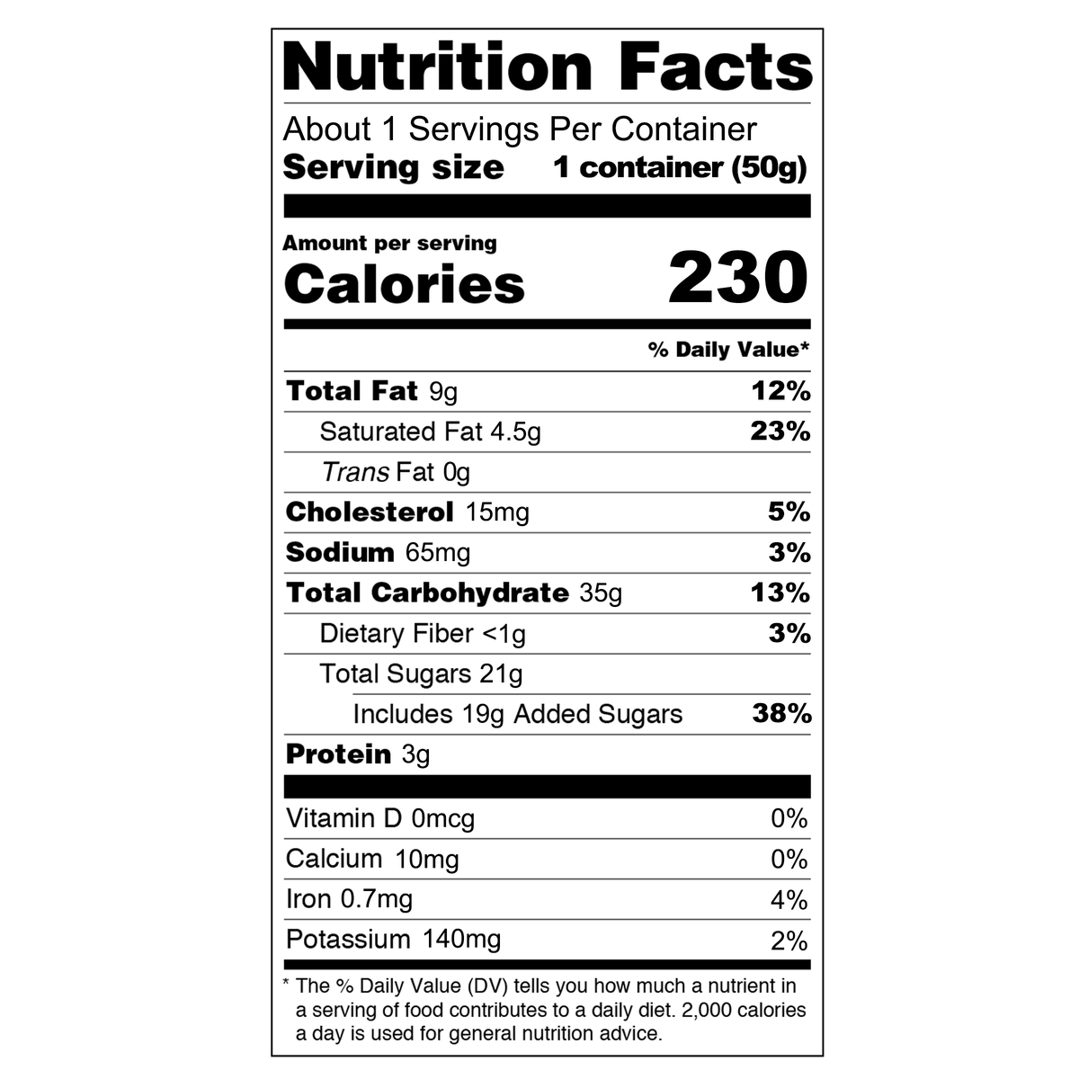 Detailed nutritional information: Each serving of 1 container (50g) contains 230 calories, 9g total fat, 4.5g saturated fat, 0g trans fat, 15mg cholesterol, 65mg sodium, 35g total carbohydrates, less than 1g dietary fiber, 21g total sugars including 19g added sugars, and 3g protein. Additionally, it contains 0mcg vitamin D, 10mg calcium, 0.7mg iron, and 140mg potassium.