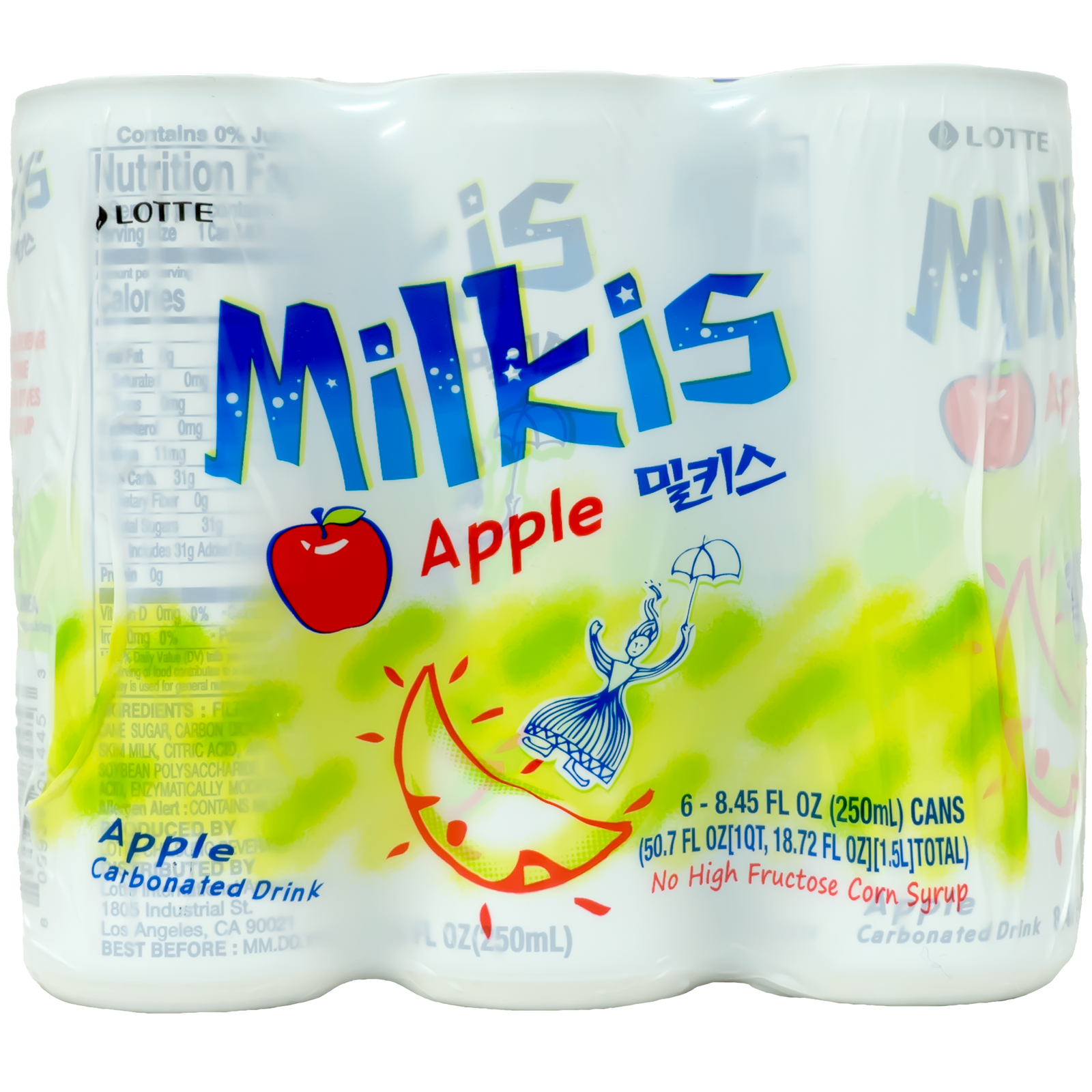 Front view of product. The package features a whimsical design with bright colors and playful illustrations. A large apple graphic is prominent, indicating the flavor, along with a cheerful character enjoying the refreshing drink. The packaging clearly states it is a carbonated drink and emphasizes the absence of high fructose corn syrup.