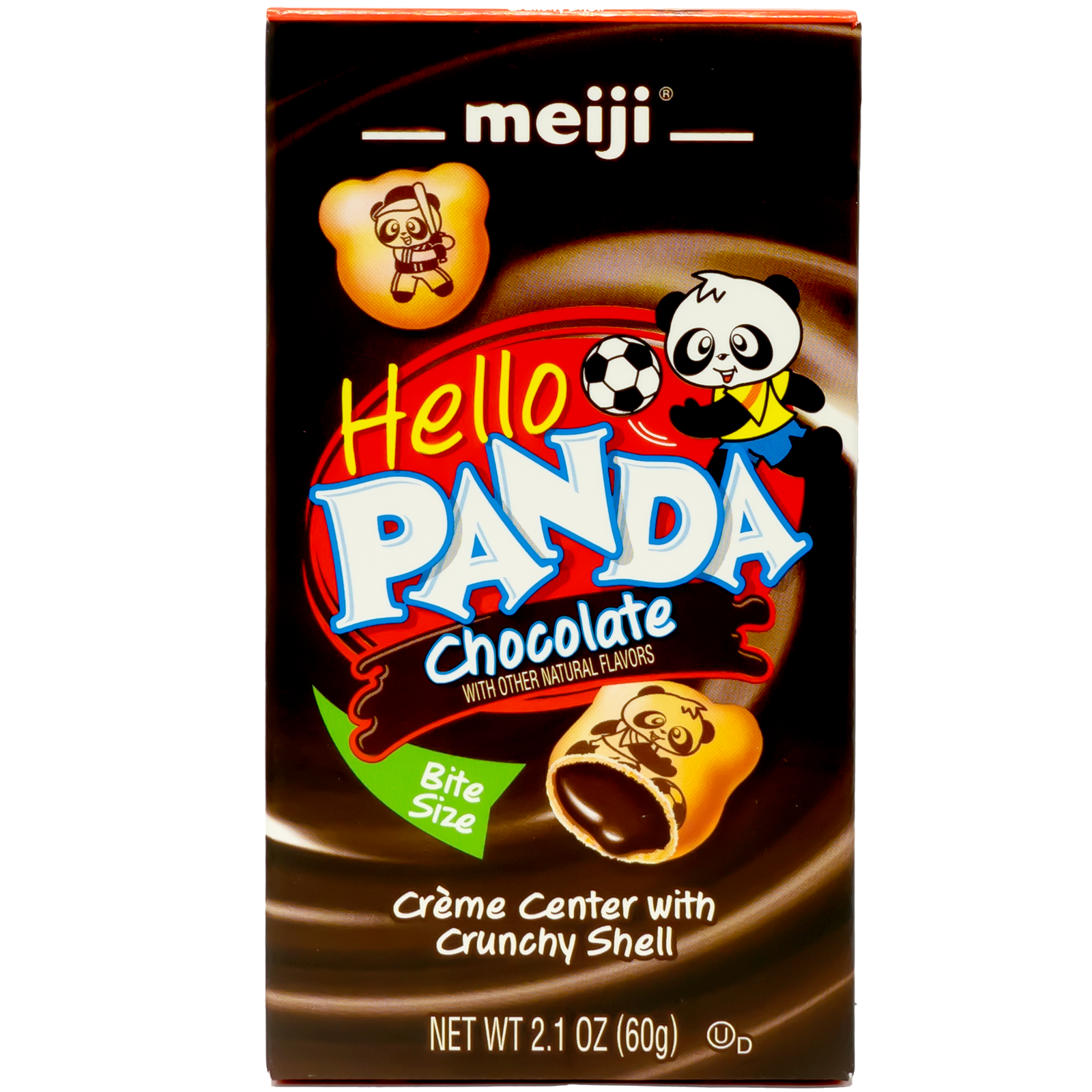 The package features a deep brown background with playful illustrations of pandas engaging in fun activities. The front prominently displays images of the cookies, showcasing the creamy chocolate filling inside the crunchy shell. The overall design is fun and inviting, making it an appealing choice for snack lovers of all ages.