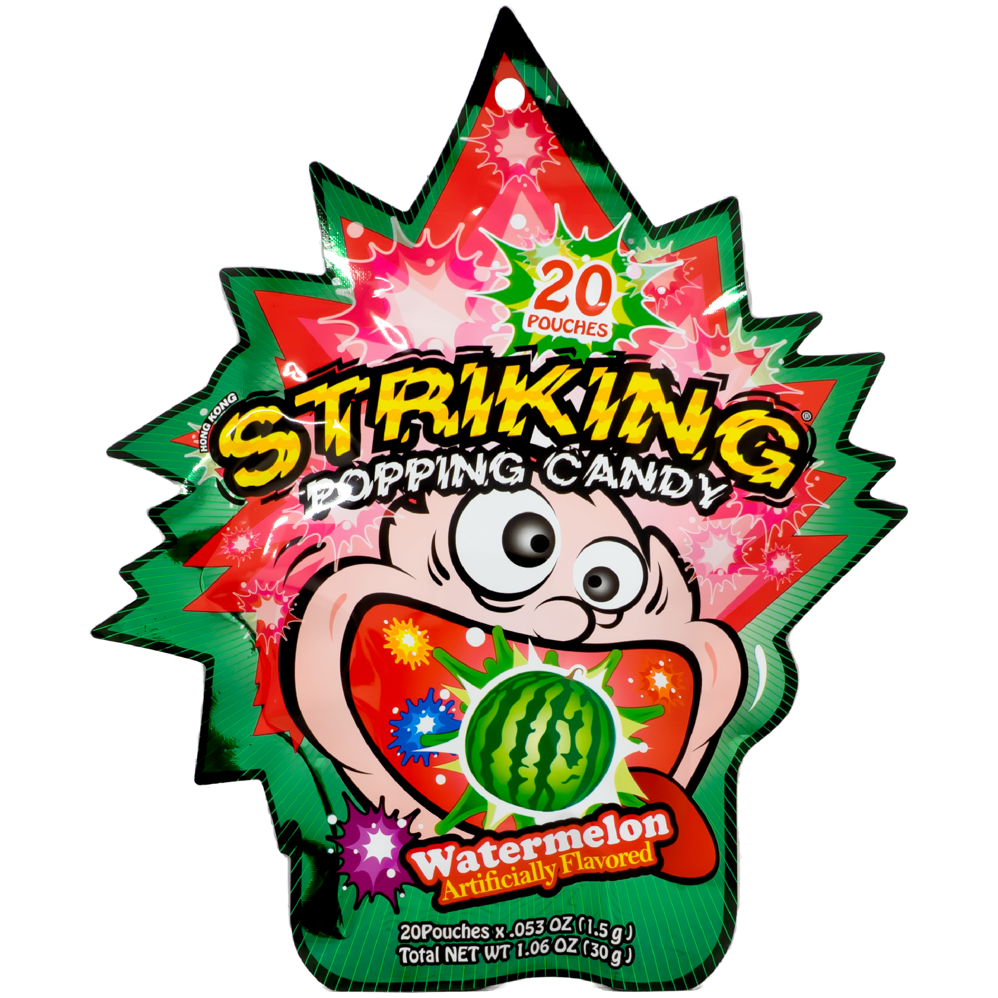 Front of product. The packaging features a wide-eyed cartoon character with an open mouth, eagerly catching vibrant, popping candy pieces. The lively green and red background, adorned with dynamic starburst patterns, emphasizes the energetic and fun nature of the candy, making it an irresistible treat for all ages.