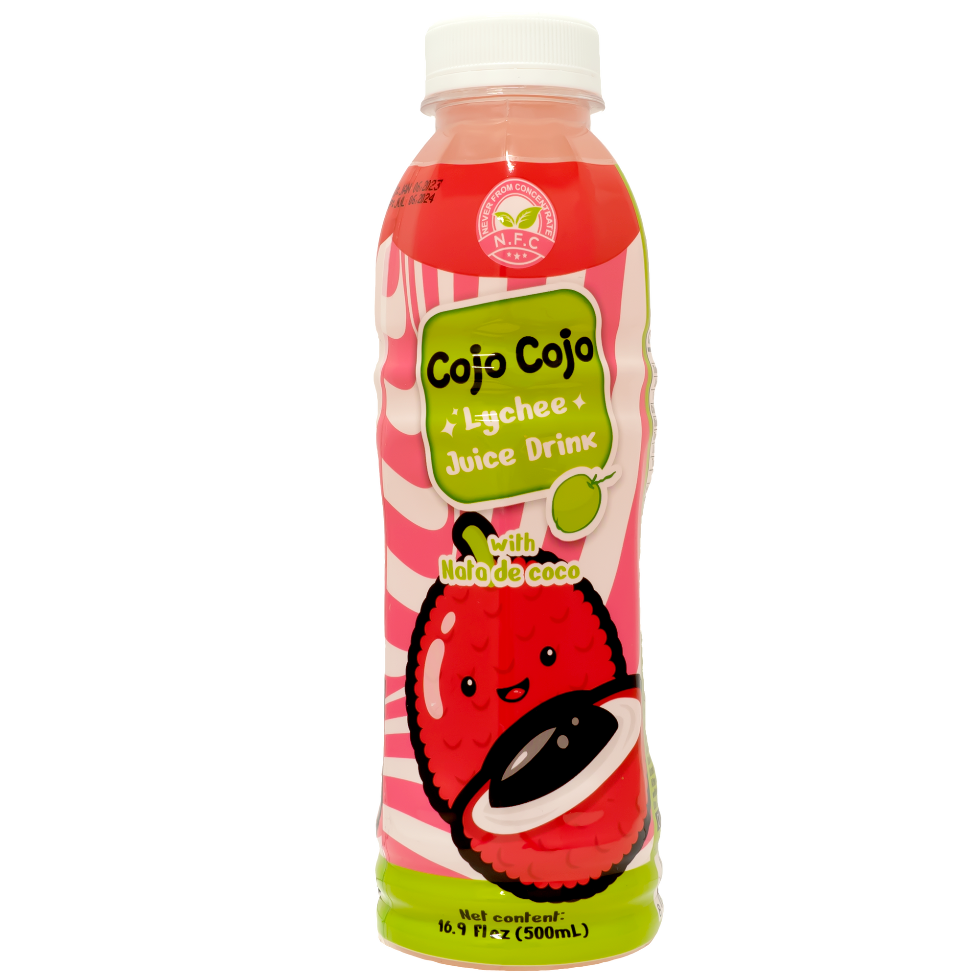 The bottle features a vibrant design with a cute lychee character on the front, making it appealing and fun. The green and pink color scheme adds to the tropical feel, while the playful font and Nata de coco illustration emphasize the unique texture and taste of the drink.