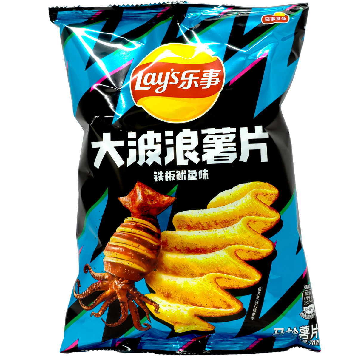 Front view of package. The packaging features a striking black and blue design with vivid graphics of grilled squid and ridged potato chips, highlighting the intense flavor. The visual appeal of the package is enhanced by dynamic shapes and vibrant colors, making it stand out on the shelf.