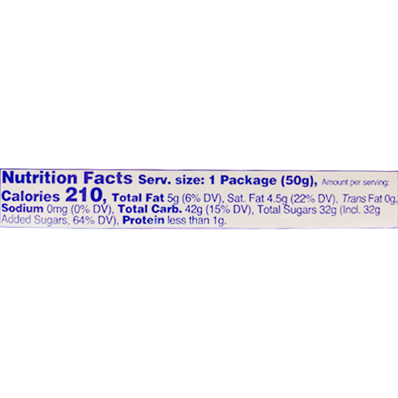 210 calories, 5g total fat, 4.5g saturated fat, 0g trans fat, 0mg sodium, 42g total carbohydrates, 32g total sugars including 32g added sugars, and less than 1g protein per serving (1 package, 50g).