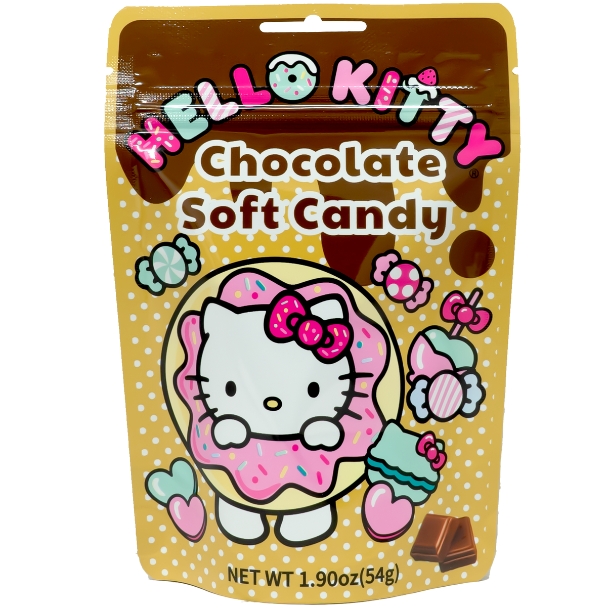 The packaging features an adorable image of Hello Kitty dressed as a donut with pink frosting and sprinkles. Surrounding Hello Kitty are various colorful candies, including heart-shaped sweets, lollipops, and macarons. The background is a cheerful yellow with white polka dots, adding a playful touch to the design. At the bottom, there are a few pieces of chocolate, hinting at the delicious flavor inside.